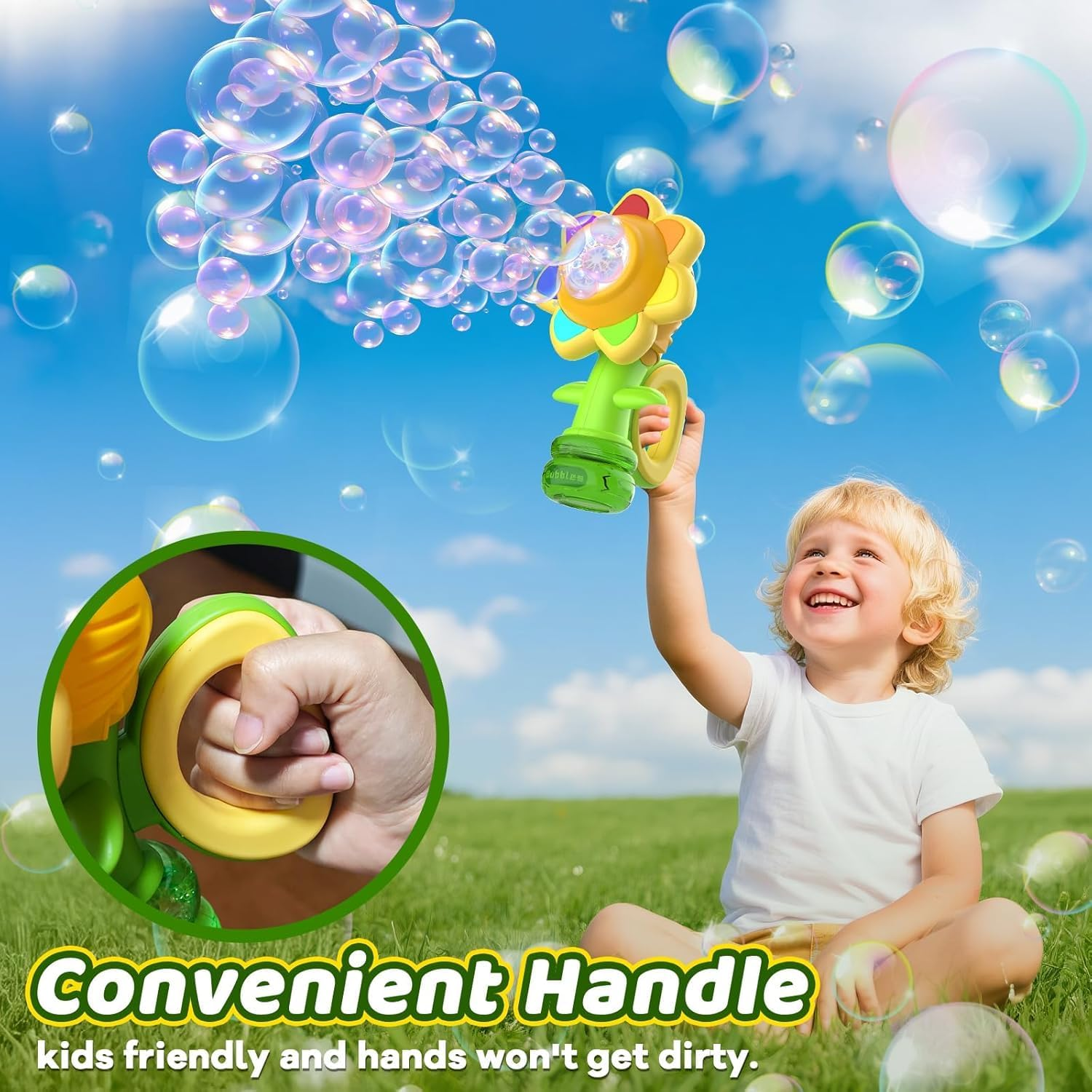 Bubble Machine for Kids, Automatic Sunflower Bubble Maker for Toddlers, Bubble Toys with LED Lighting & 10 Refill Solutions Rechargeable Bubble Blower for Indoor Outdoor Birthday Party Green image number 4