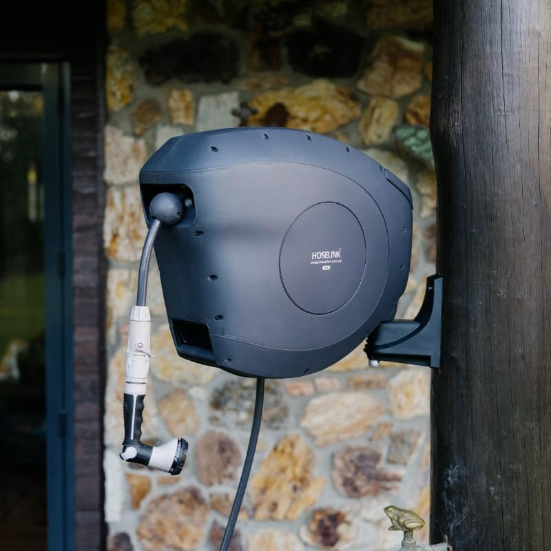 HOSELINK 30M Retractable Garden Hose Reel (Charcoal), 8-Pattern Spray Nozzle, Uv-Stabilized Kink-Free Hose, Wall Mounted Complete Watering Solution for Backyard, Garden & Outdoor image number 4