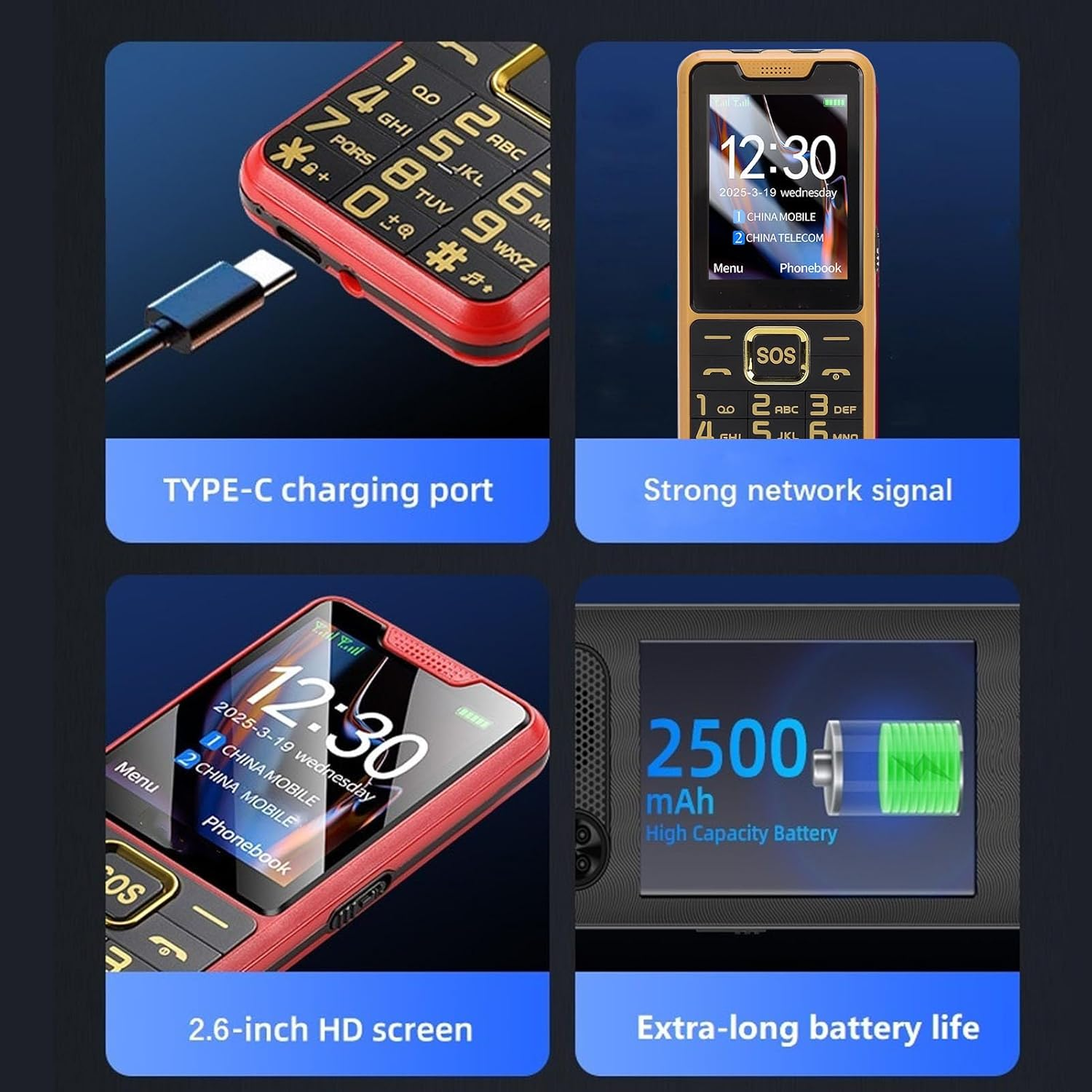 Generic 4G Cell Phone for Seniors, 2.6In HD Screen Dual SIM Mobile Phone for Elderly, Old Phone with 2500Mah Battery, Large Buttons, 0.13MP Camera, LED Flashlight & FM Radio (Gold)