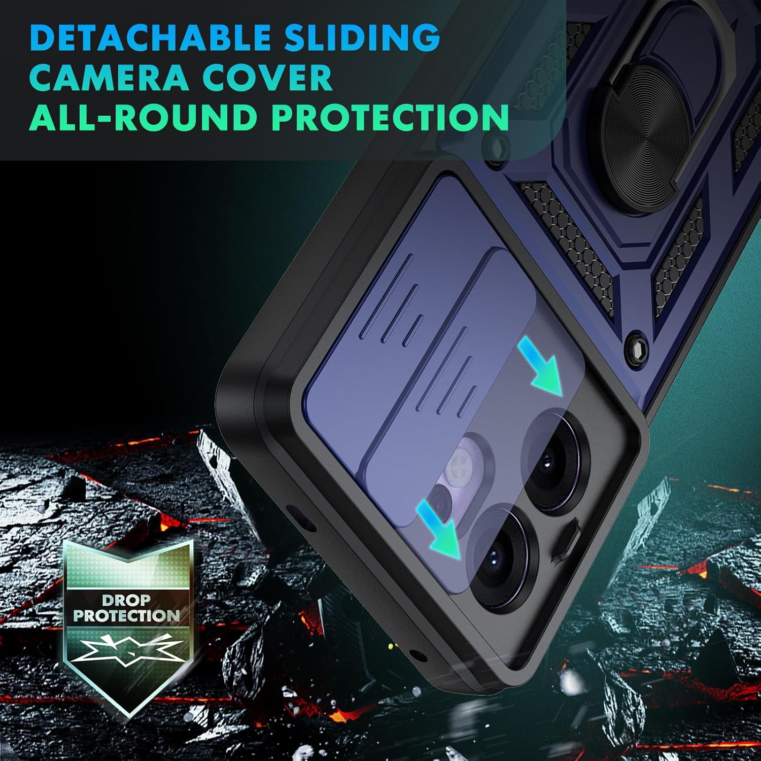 Oududianzi - Case for Oppo Reno 13 F 4G/5G Mobile Phone Case, [Pack of 2 Screen Protectors] with Sliding Camera Cover, Rotating Finger Ring Stand, Shockproof, Scratch-Resistant Protective Case - Blue - Black image number 6