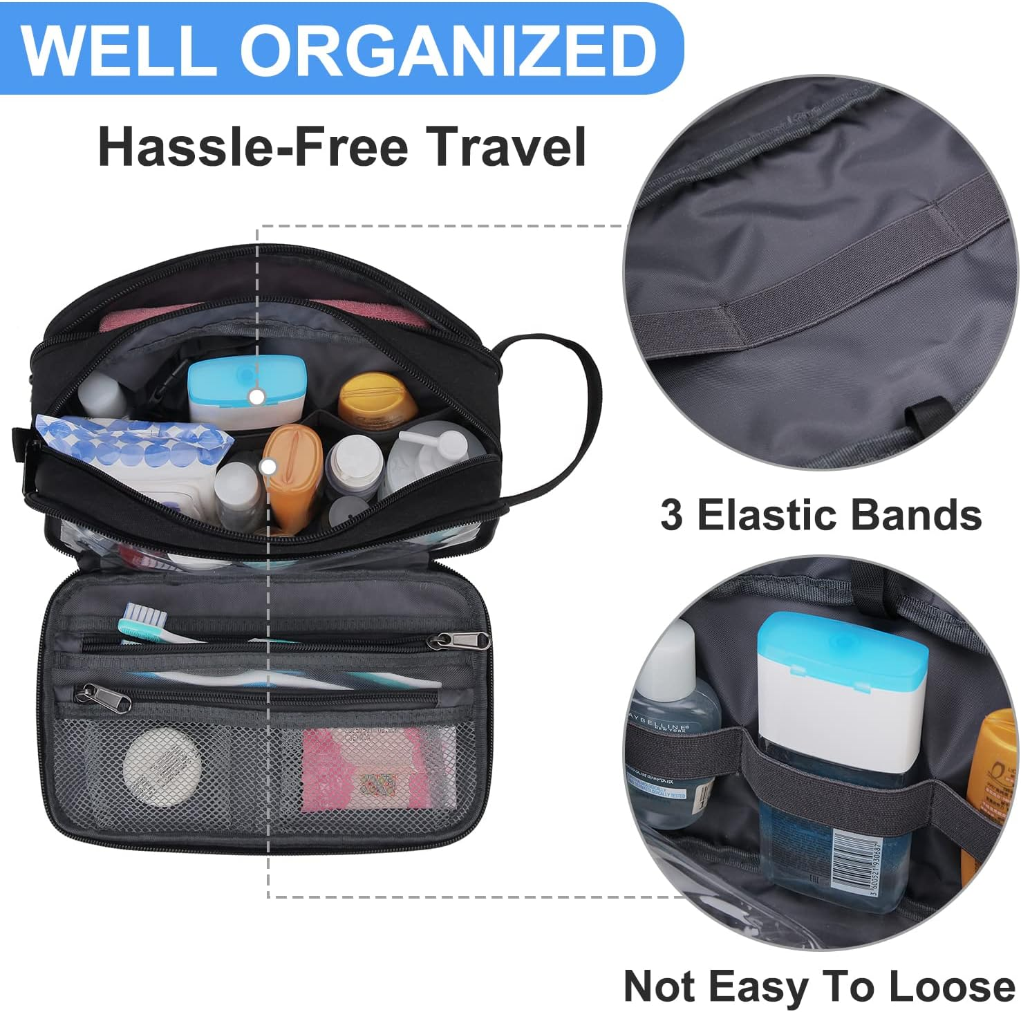 Toiletry Bag for Women, Travel Makeup Organizer with Hang Hook, Water-Resistant Shaving Bag for Men, VONXURY (Black)