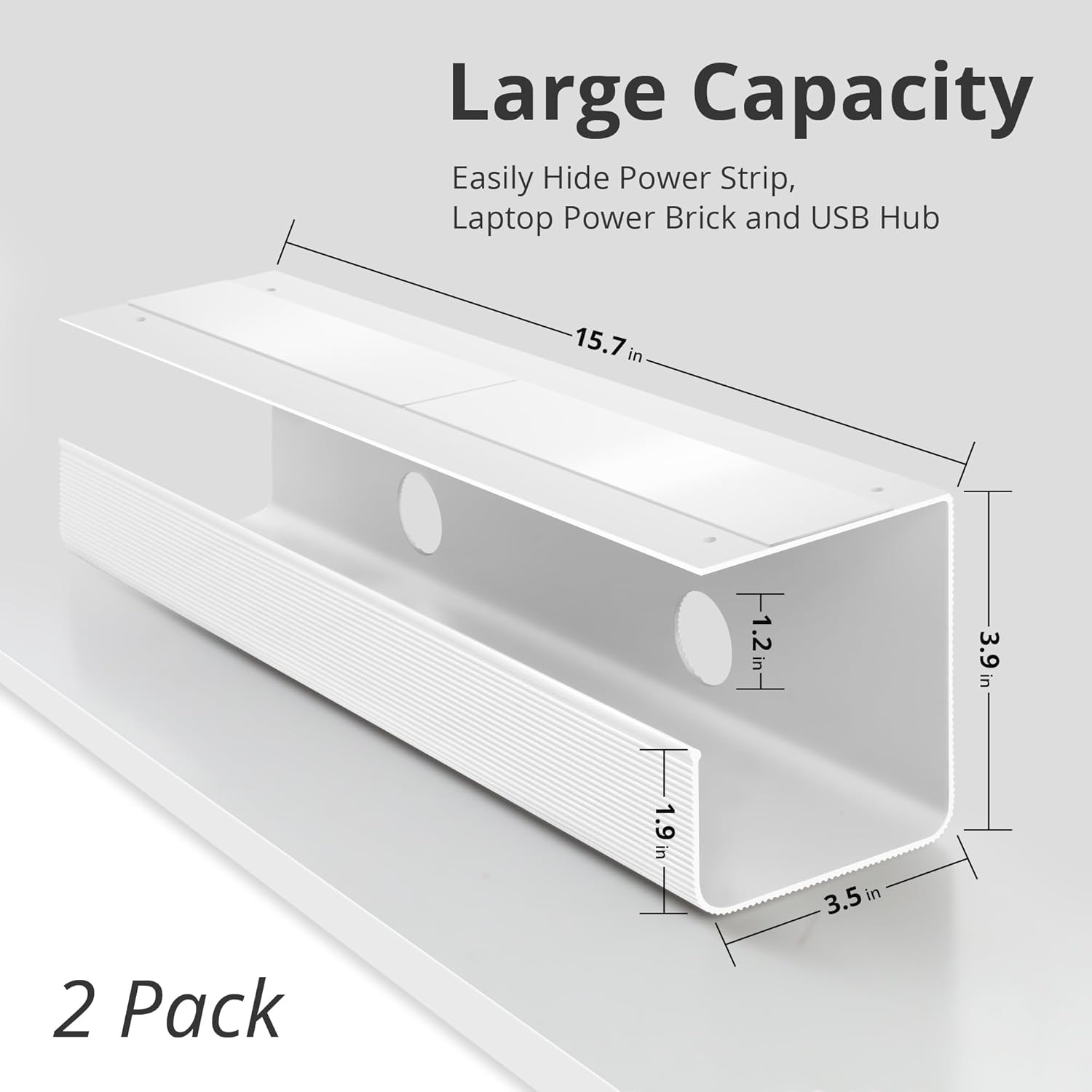 Large Capacity under Desk Cable Management Trays 2 Pack - Ultra Sturdy PVC Cable Tray - Cable Organizer under Desk for Office and Home, 2 Install Options for All Applications - White image number 1