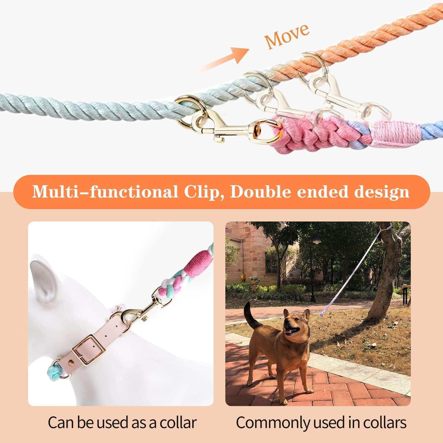 Hands Free Rope Dog Leash 7.5 FT with Adjustable Double Swivel Hook for Small Medium and Large Dogs Running Hiking Camping Walking (Cherry Blossom) - Black image number 2