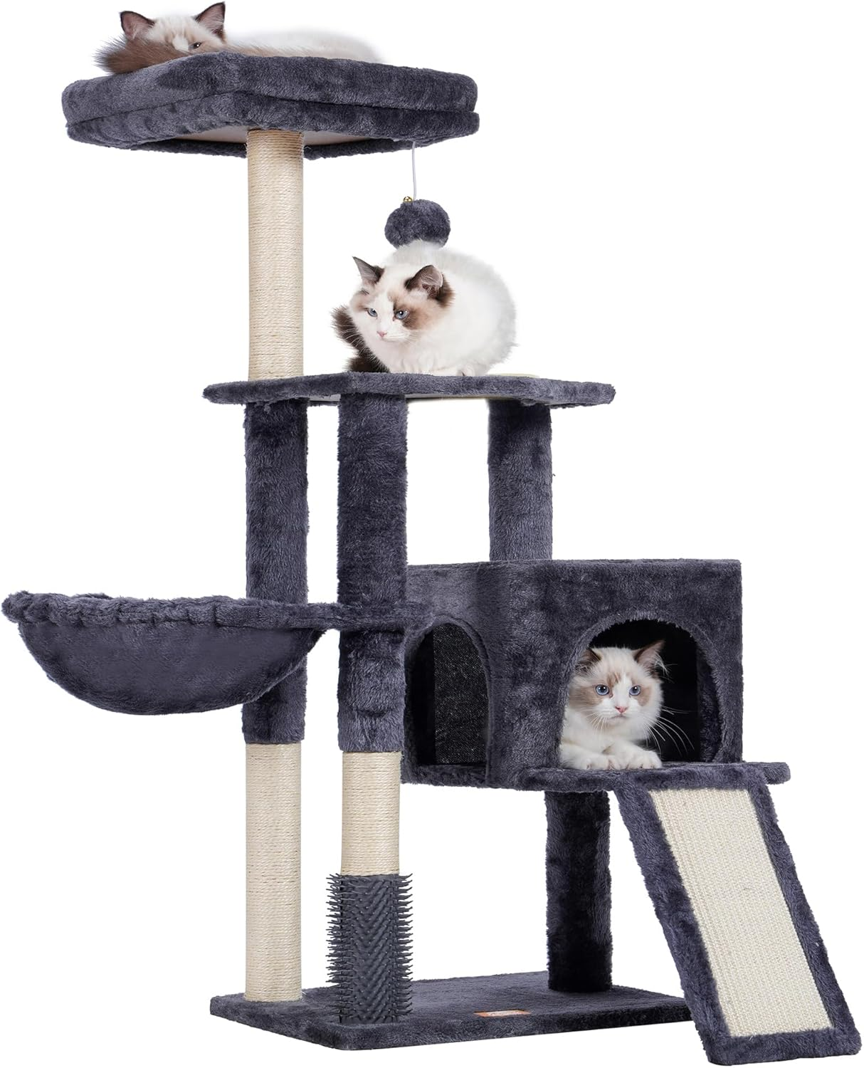 Heybly Cat Tree with Cat Self Groomer Brush, Cat Tower Condo for Indoor Cats with Padded Plush Perch,Cat House with Basket Scratching Board Post, Smoky Gray HCT005SG