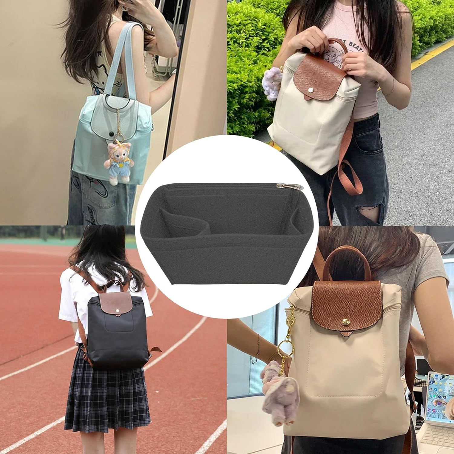 Lckaey Bag Organizer for Le Pliage Backpack - Felt Knapsack Purse Insert - Y083-Black/Grey - Blue image number 6