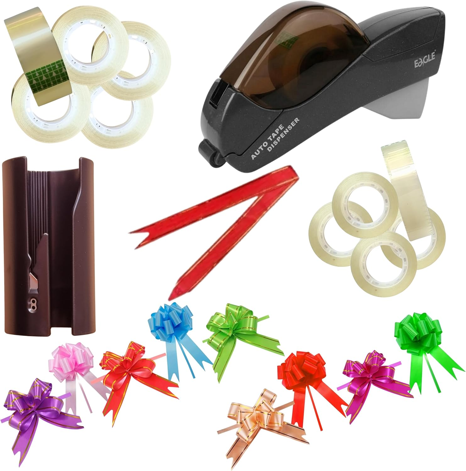 Semi Automatic Tape Dispenser 10 Tape Dispenser Refill Rolls, 1 Paper Cutter & 10 Pull Bows for Gift Wrapping & Packing for Valentine'S Day, Birthdays, Mother&rsquo;S Day, Office & Home Use (Dark Grey)