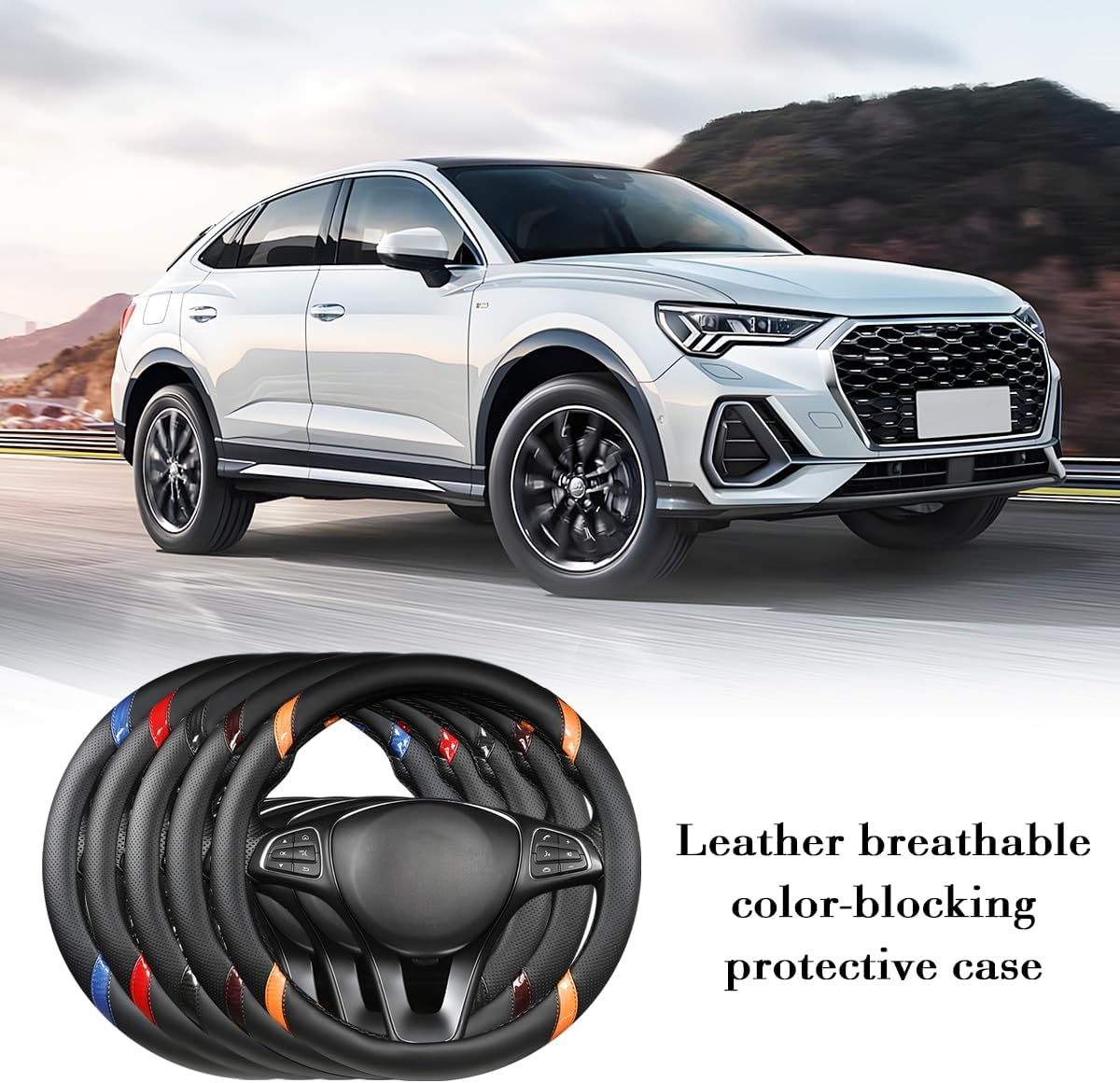 Sandfren Carbon Fiber Car Steering Wheel Cover, 15 Inch Breathable PU Leather Vehicle Steering Wheel Protector with Anti-Slip Lining, Soft Automotive Interior Accessory, Universal Fit (Black/Orange) - Black/Blue image number 4