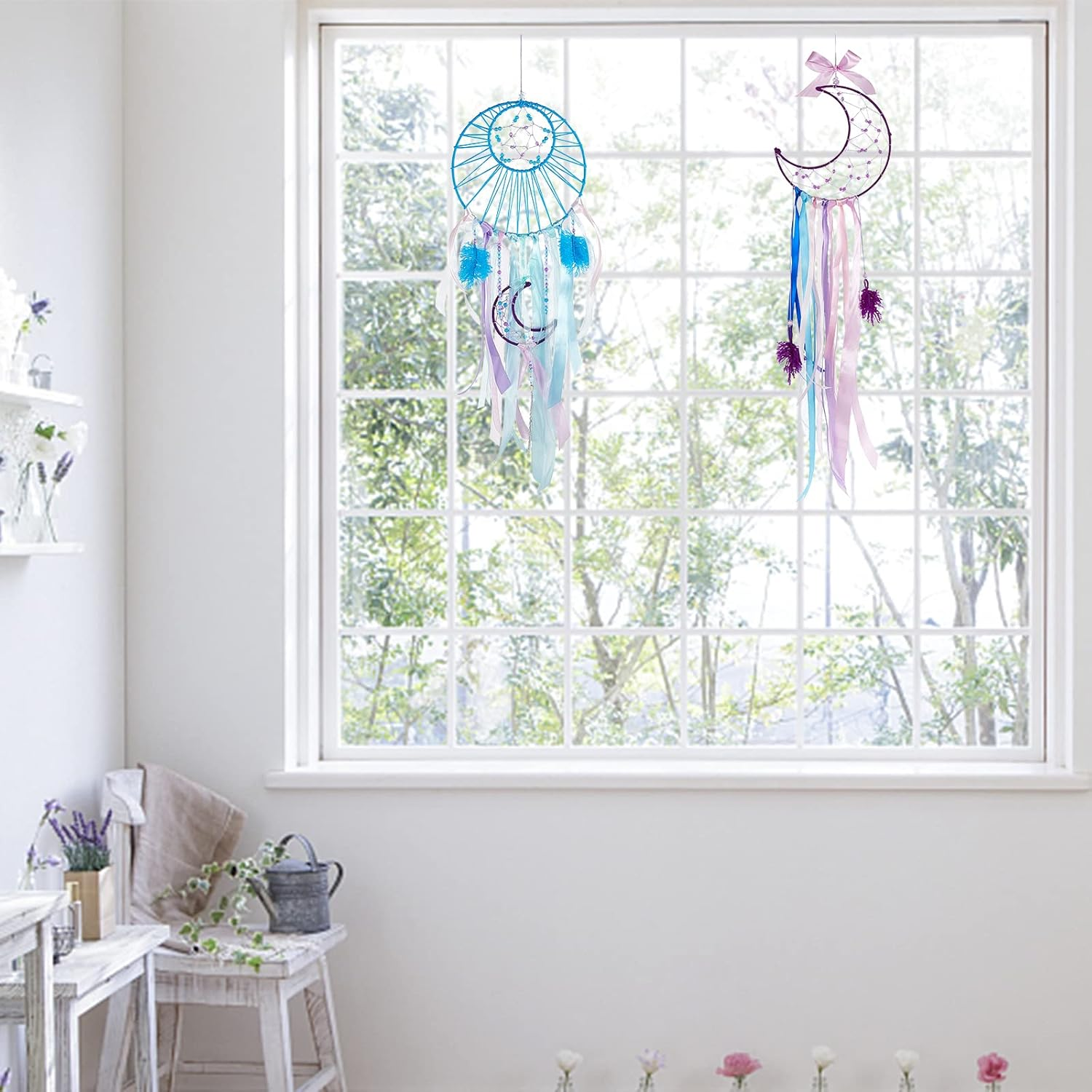 INFUNLY 2 Set DIY Dream Catcher Kit - Make Your Own with Instruction, Moon Circle, Star, Metal Feather - Handmade Wall Hanging Decor for Bedroom, Wedding, Party image number 4