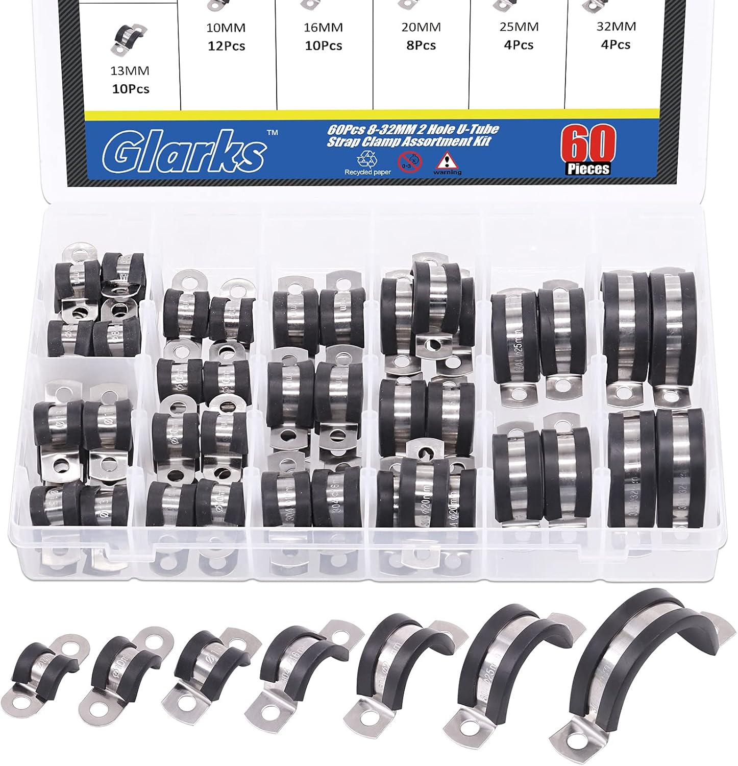 Glarks 60Pcs 8-32MM 2 Hole U-Tube Strap Clamp Set 304 Stainless Steel Rubber Cushion Rigid Pipe Strap U Bracket Tube Strap Assortment Kit for Pipe Tube Fixing (8-32Mm Strap Clamp Set) image number 1