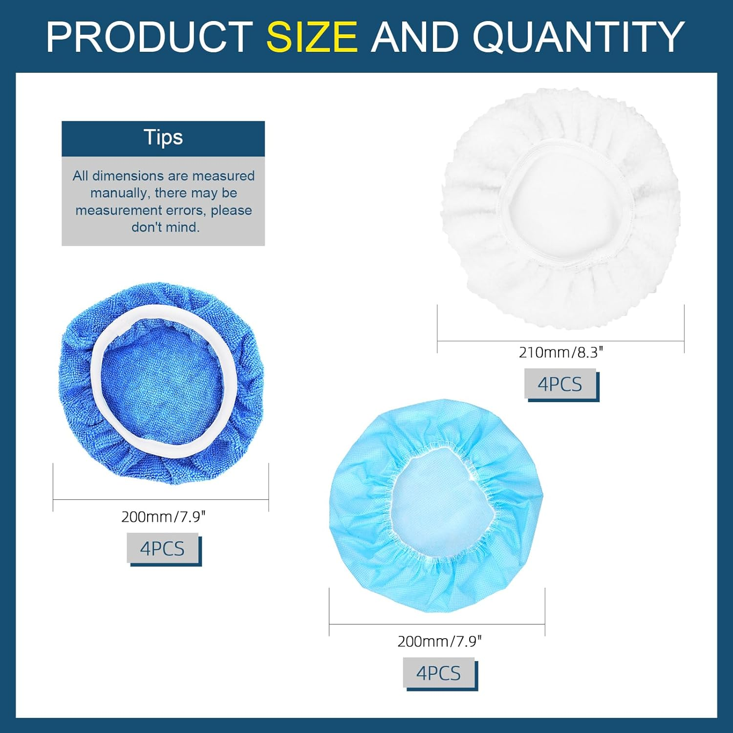 Glarks 12Pcs 9-10 Inch Car Polisher Pad Bonnet Set, Soft Microfiber/Synthetic Fleece/Non-Woven Fabric Polishing Bonnet Buffing Pad Cover Car Waxers Bonnet Set for Orbital Buffer Polisher