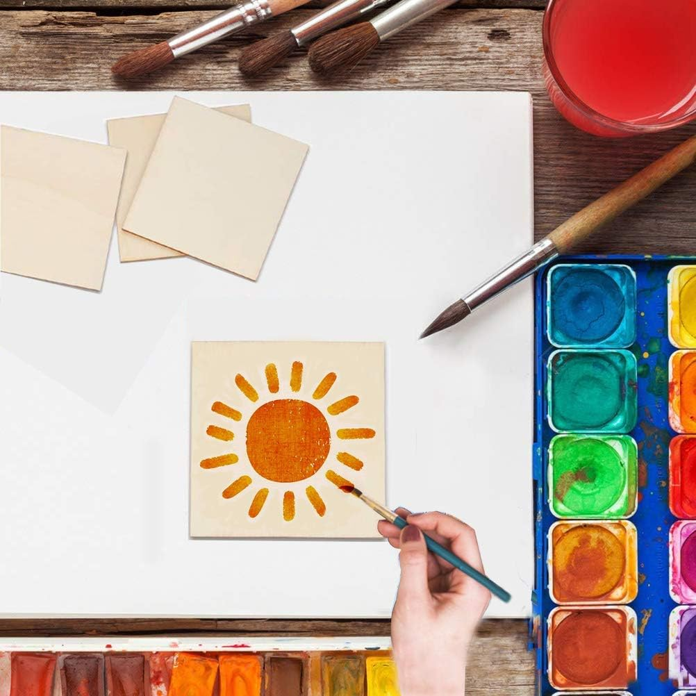 Unfinished Wood Pieces 50 Pcs 4X4 Inch Wooden Cutout Tiles Blank Wood Slices Wooden Squares for DIY Crafts Home Decoration Painting Staining Unfinished Wood Cup Coasters image number 1