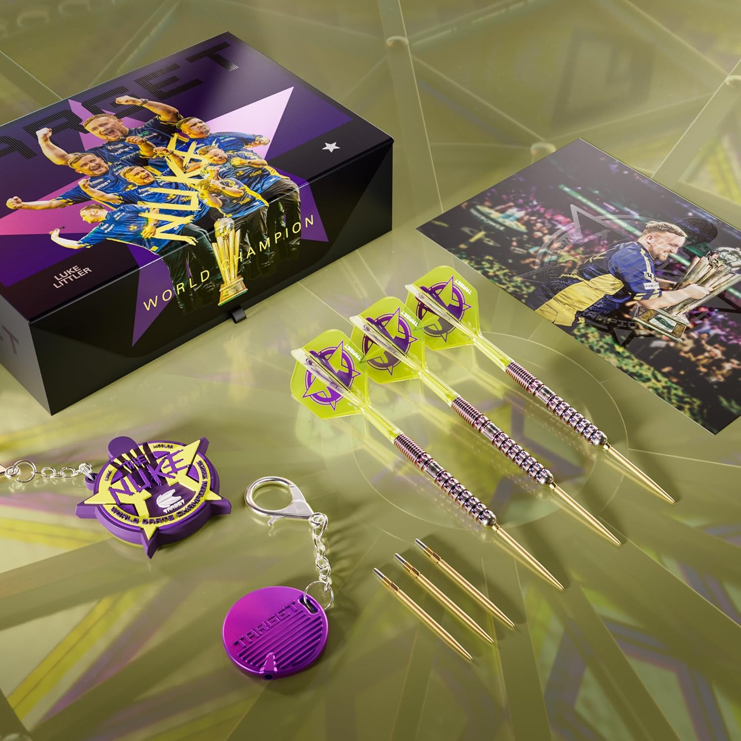 Target Darts Luke Littler World Champion Swiss Point Steel Darts 90% Tungsten Dart Set, 23G | the Nuke 2025 Special Edition K-Flex, Includes Key Ring, SLK Swiss Point Tips and Swiss Tool image number 4