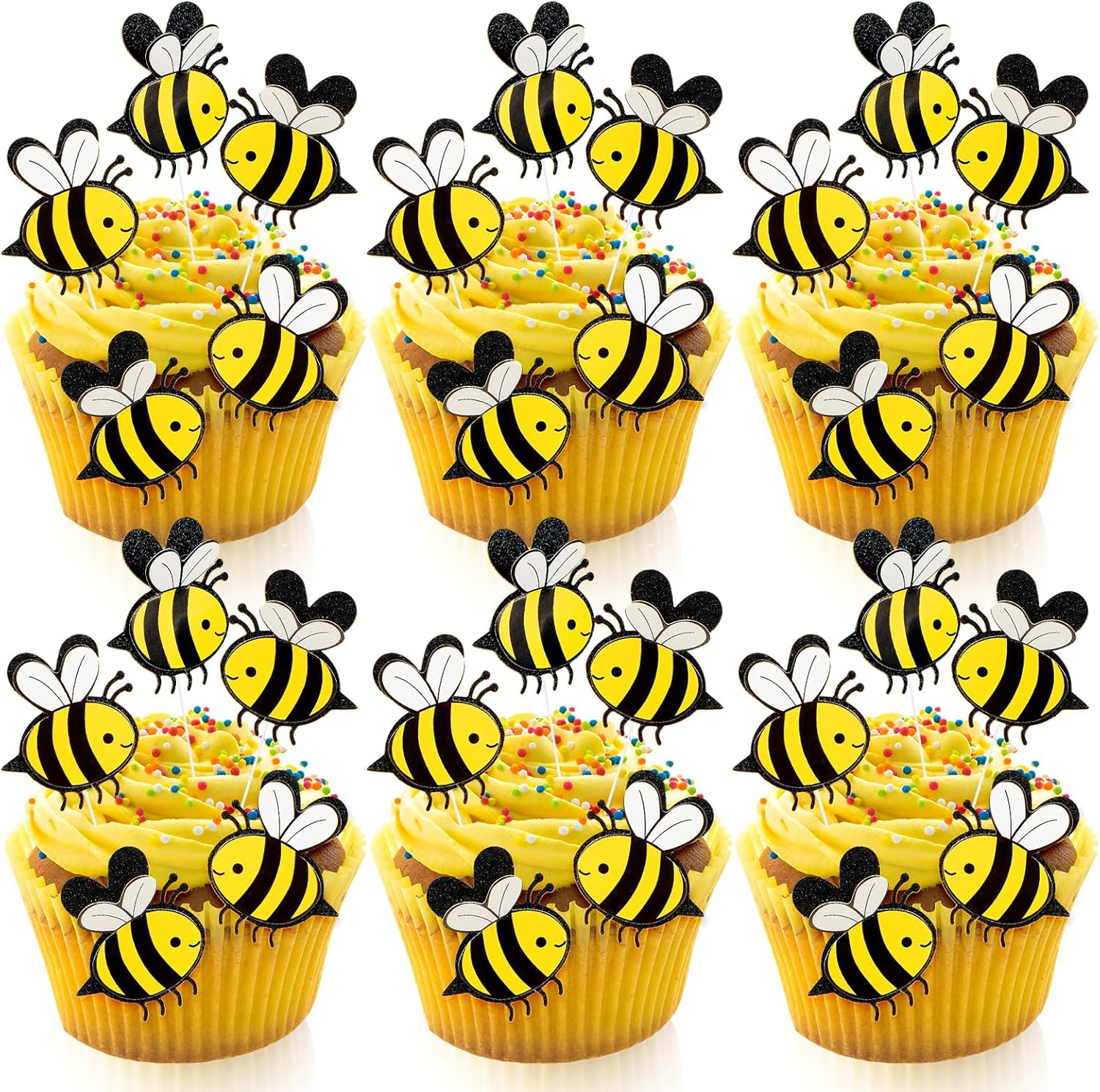 30 Pieces Double Layer Bee Cake Toppers, Card Decorations, Bumble Figurine Cupcake Picks for Themed Party, Weddings, Celebrations or Birthday Decorations image number 5