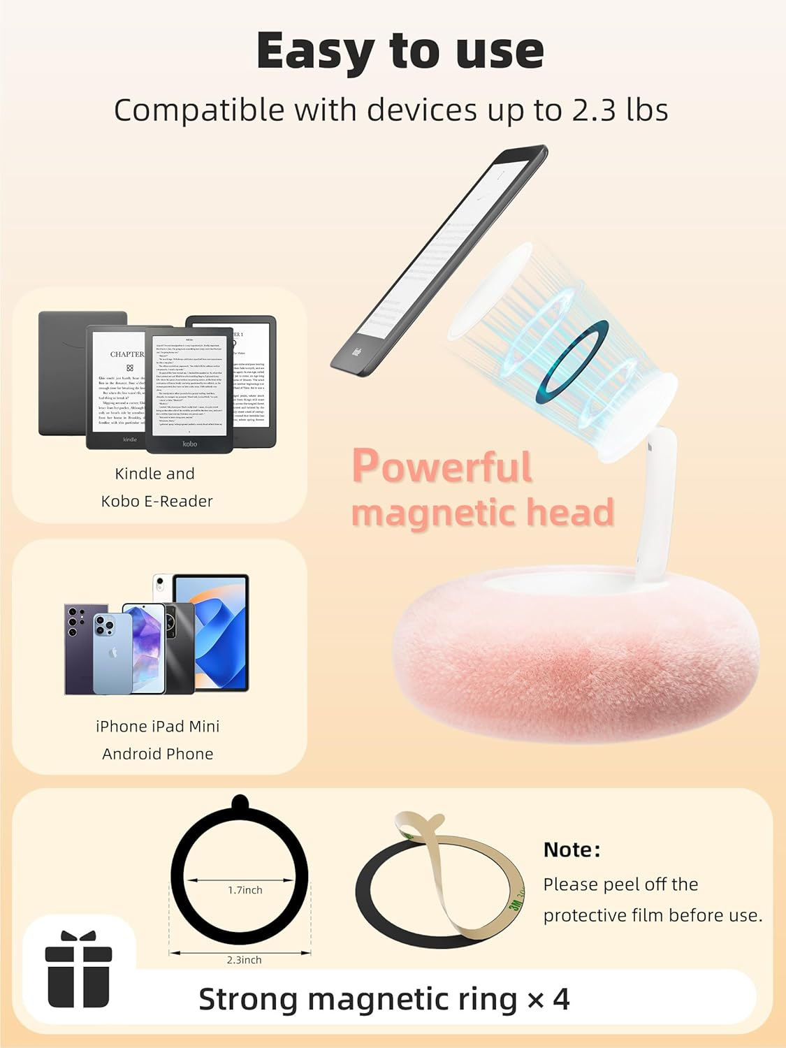 Magnetic Kindle Holder with Page Turner, Cozy Pillow Kindle Stand for Reading, 360&deg; Adjustable Phone Holder for Bed, Small Bowl for Tablet Stand with Stable Suction Base (Pink) - White image number 3