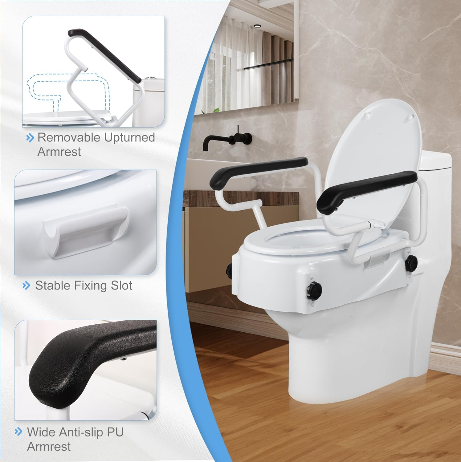 Raised Toilet Seat for Seniors with Flip-Up Handles, 5.5" Adjustable Toilet Seat Riser Elevated Medical Supplies & Equipment for Handicap, Elderly, Hip Replacement after Surgery image number 4