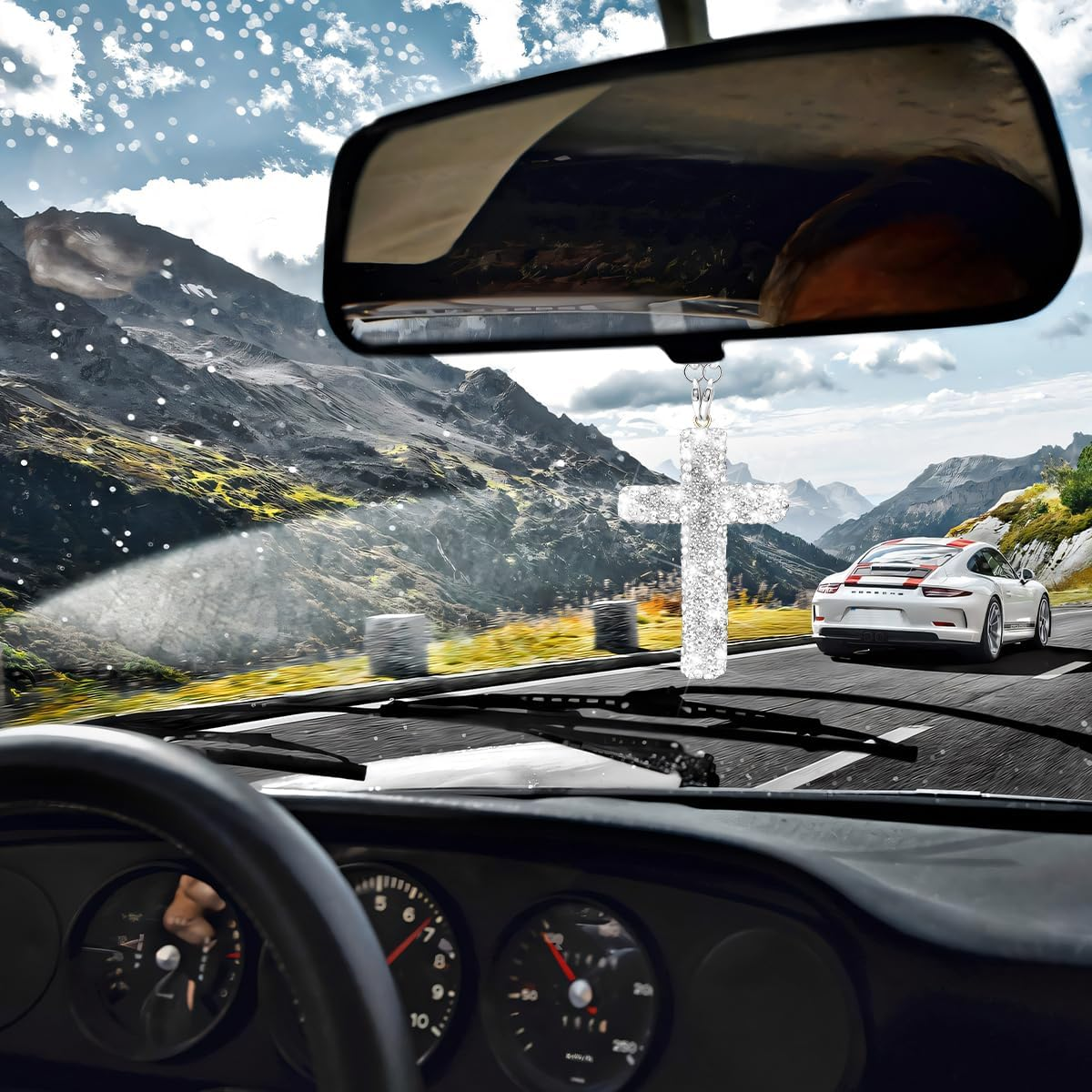 HZEL Bling Car Hanging Ornament, Cross Crystal Rhinestone Vehicle Rear View Mirror Pendant, Diamond Religious Rearview Mirror Decoration Charm, Universal Automotive Interior Accessories (White) - Pink image number 5