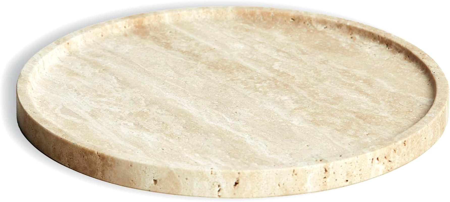 PHINILUX Travertine Marble Vanity Tray, round Ottoman Tray, Modern Decorative for Bathroom, Kitchen, Nightstand, Jewelry Dish Holder, Table Accents, Beige Travertine, Mb-Tray-T-01