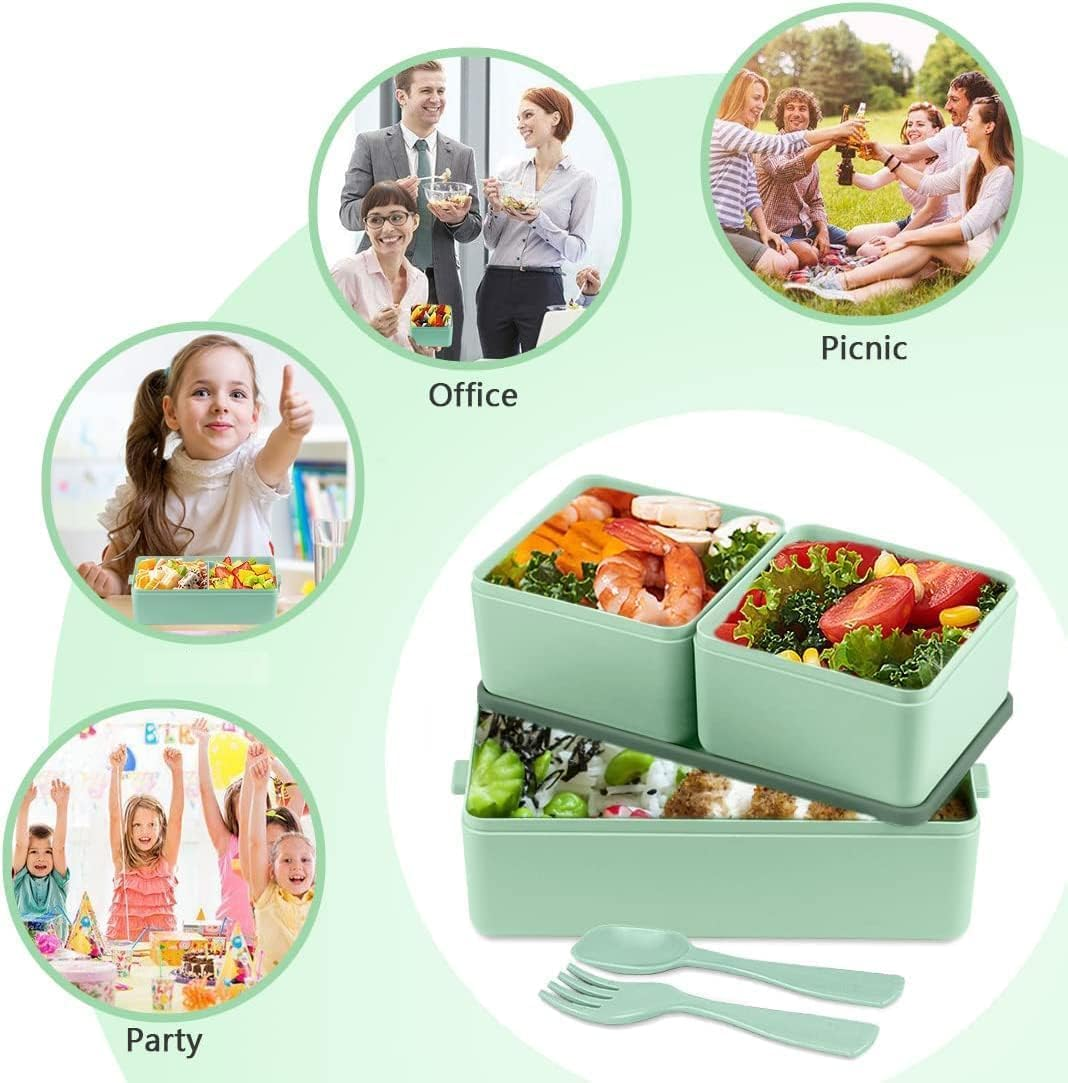 Lunch Box Stackable, 1400Ml Bento Box with Spoon Fork, Leak Proof 2 Layer Boxes with 3 Removable Compartments and Cutlery, for Adults Kids Office Microwave Dishwasher Safe Available (Green) image number 3