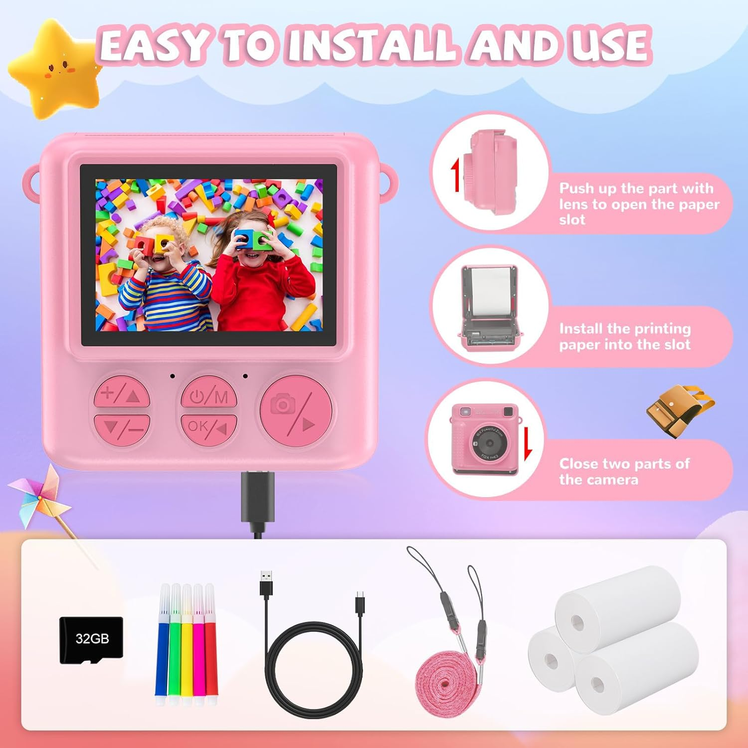 Omebel Kids Digital Camera, Instant Print Camera for Kids, HD Video, 32GB SD Card, Portable Toddler Camera for Girls & Boys Age 3-12, Christmas Birthday Gifts, Kids Camera & Photo Kids Toys (Pink) image number 2