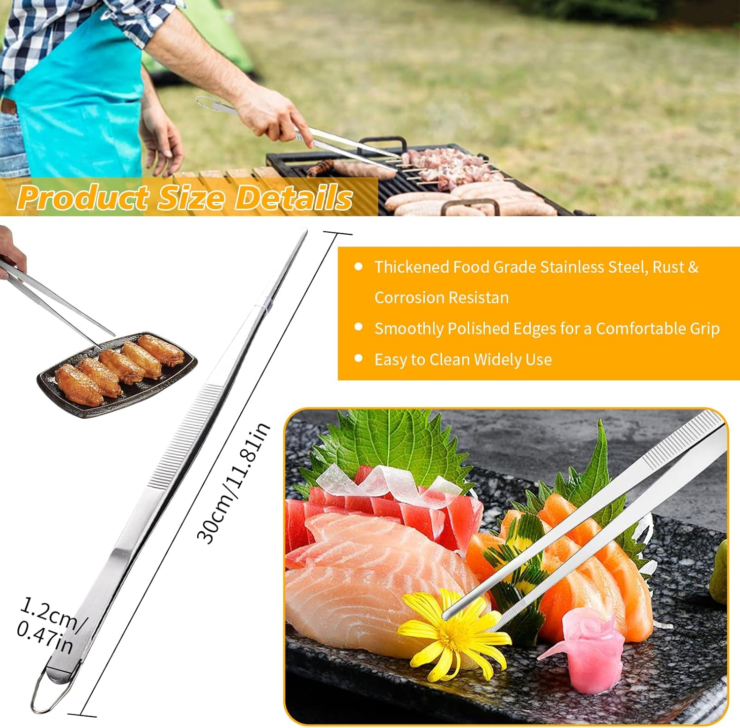 2PCS Professional Stainless Steel Cooking Tweezers Chef-Grade Food Utensil Tongs for Plating, BBQ, Frying Fish Heat-Resistant Kitchen Utensil with Ergonomic Handle Kitchen Tweezers Tongs (2) image number 2