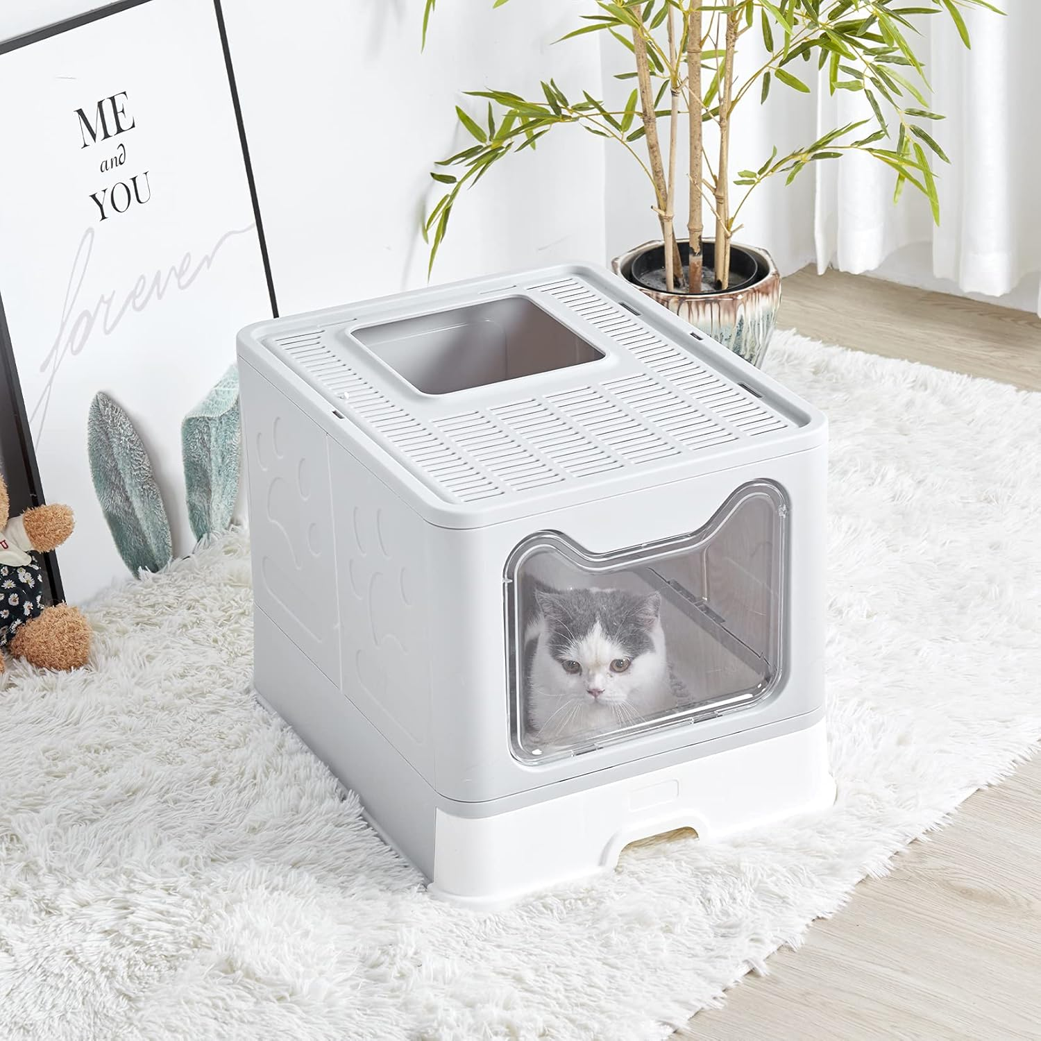 Bingopaw Cat Litter Tray Box: Foldable Top Entry Extra Large Cats Toilet with Lid - Hooded Kitten Litter Tray Easy Cleaning Drawer Design with Scoop Grey image number 3