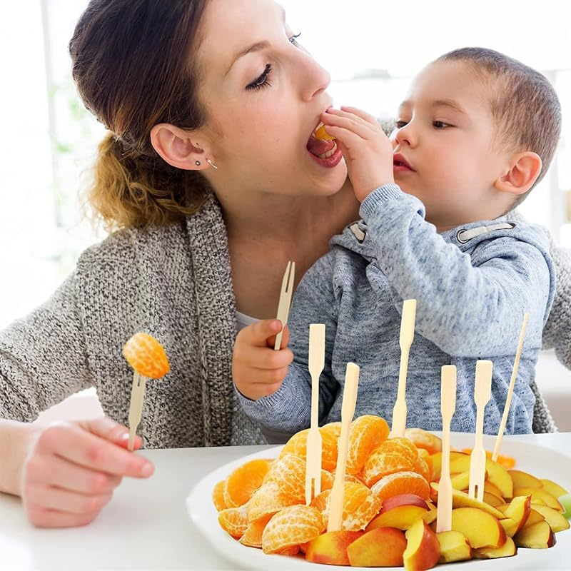 AIMALL 1000X Bamboo Catering Forks Pickings Sticks Cocktail Finger Food BBQ - 3.5 Inch Disposable Tongs for Appetizers, Finger Foods, BBQ & Parties image number 1