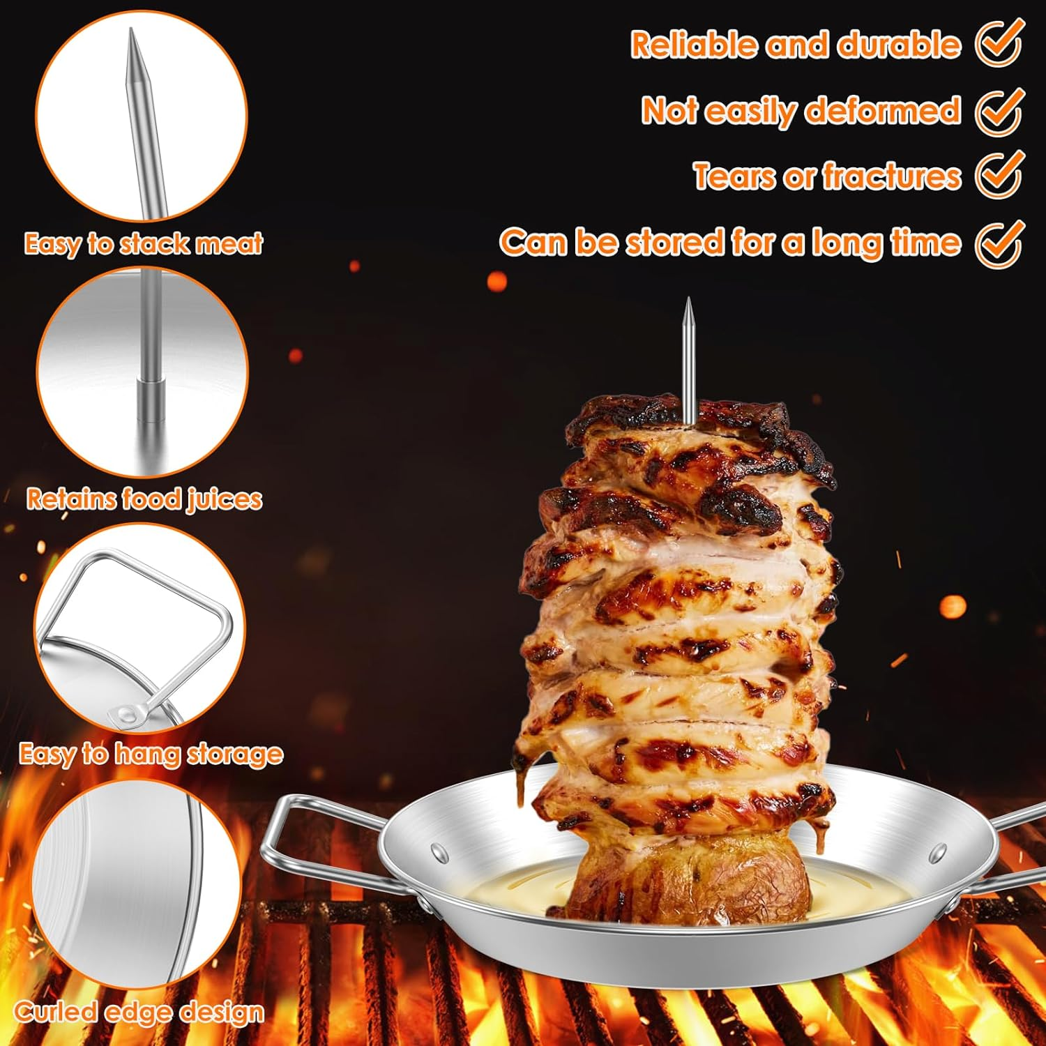 Vertical Skewer for Grill Stainless Steel BBQ Vertical Skewer Grill Reusable Gyro Pan with 8/10/12Inch Roasting Sticks and Brush Vertical Meat Skewer Stand with Handle for Picnic Kebabs image number 1