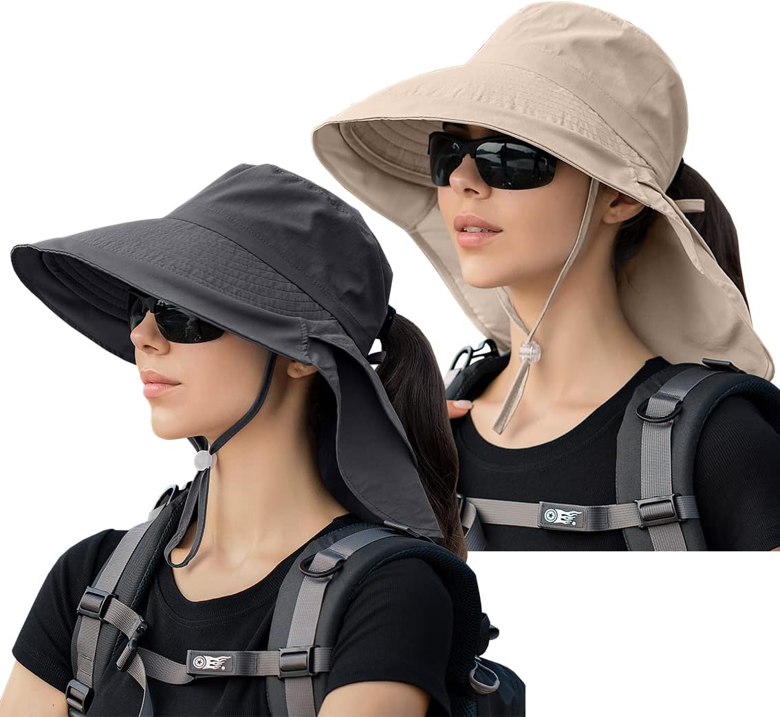 29 IYEBRAO Pack of 2 Women'S Sun Hats with Neck Protection UV Protection Wide Brim Ponytail Summer Hat UPF 50 Adjustable Beach Fishing Hat Garden Outdoor Hat