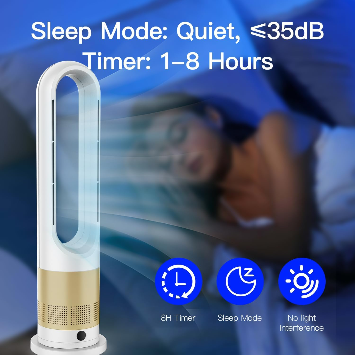 Bladeless Fan,26.5Inch Heating & Cooling Combo Tower Fan 80&deg; Oscillating, 9H Timer, 8 Speeds, Portable Quiet for Indoor, Bedroom, Home Office Room (Gold&White, 26.5 Inch Heating & Cooling) image number 4