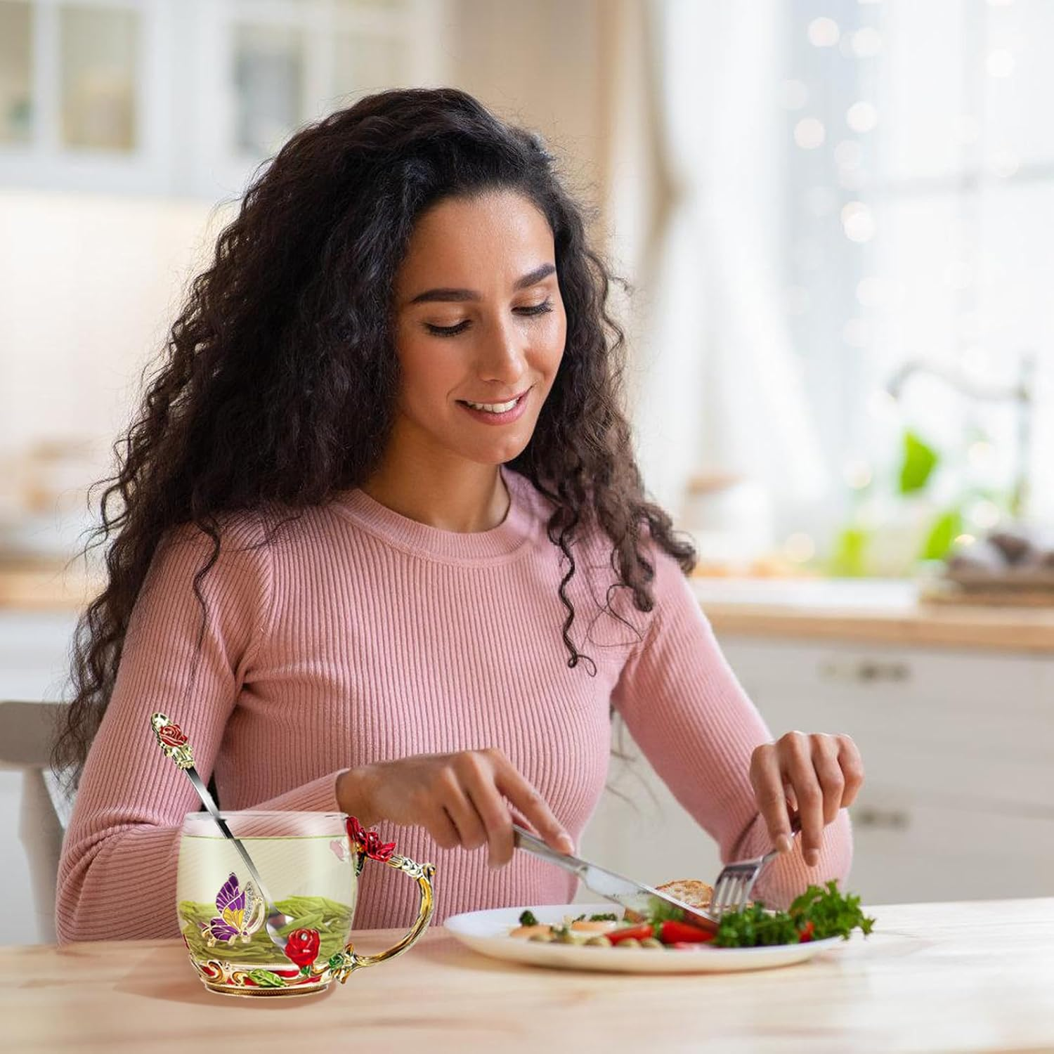 Flower Tea Cup,Butterfly Daisy Glass Fancy Coffee Mug with Spoon,Gift Box for Her Mom Wife Grandma Girls Friends Valentines Christmas Birthday Present Idea for Juice,Hot/Cold Drinks Use (Red Rose) - Blue Rose image number 3