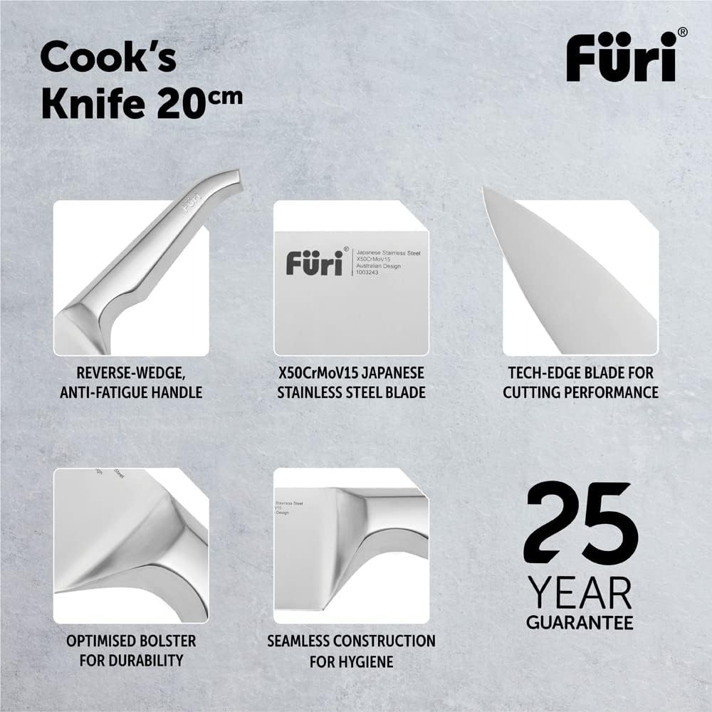 Furi Pro Cook'S Knife 20Cm (8In), Ultra-Sharp Knife for Superior Cutting Performance, Unique Reverse-Wedge Handle for a Safer Grip, Stainless Steel Blade, 25-Year Guarantee, Silver image number 4