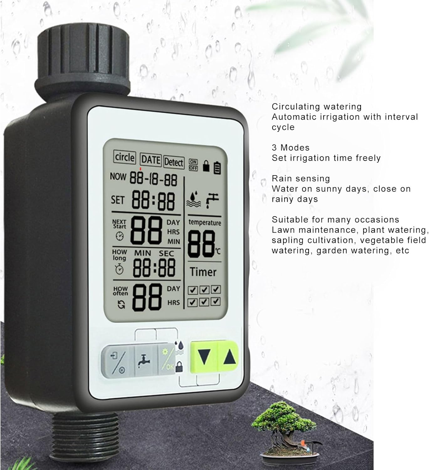 Digital Irrigation Water Timer, 3.2In Screen 3 Modes Rain Sensing System Timer with Temperature Control for Lawn, Potted Plants, Vegetable Plots, Courtyards, and Nurseries image number 6