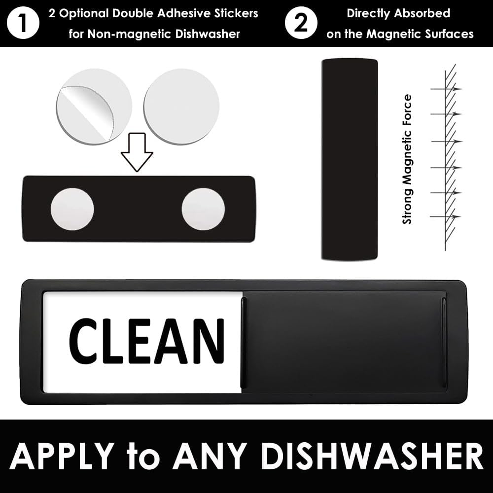 Dishwasher Magnet Clean Dirty Sign, Clean Dirty Sign Accessories for Dishwasher Non-Scratch/Super Strong Soft Magnet with Optional Adhesives/Easy to Read & Slide (Black& White) - Black  Green image number 6