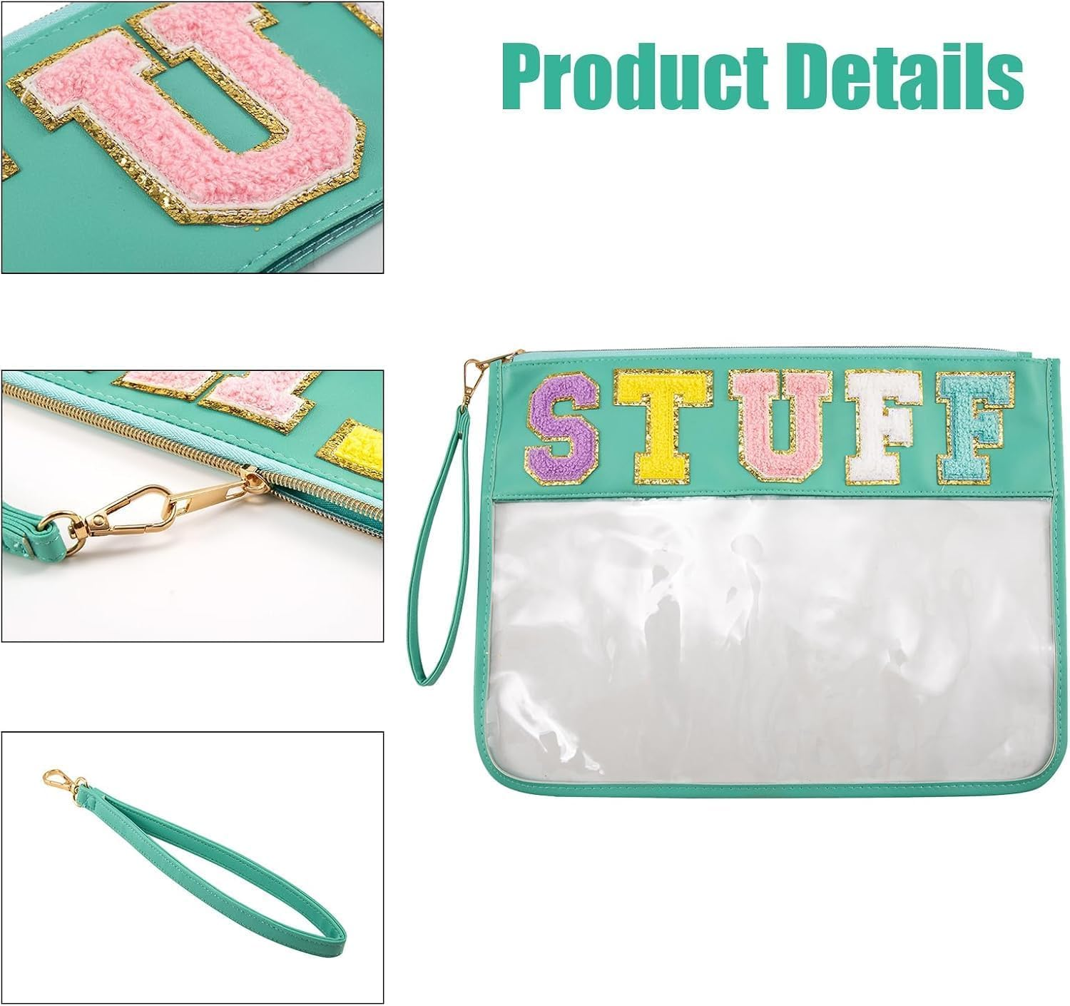 Clear Snack Bags,Chenille Letter Monogram Stadium Tote Purse Bag,Travel Patch Pouch Toiletry Makeup Cosmetic (Green, 32 * 22Cm) image number 4