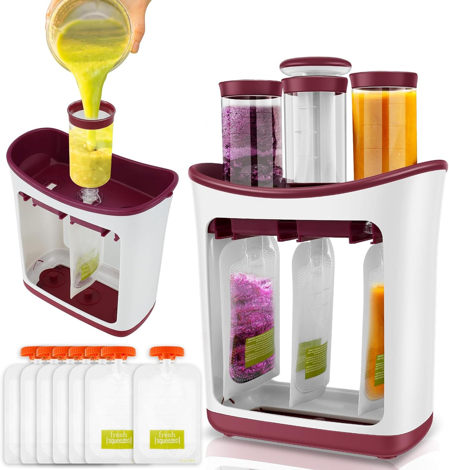 Squeeze Station,Reusable Pouch Filling Station Fresh Fruit Puree Squeezer for Baby, Baby Food Maker Squeeze Food Station with 10PCS Pouch, Squeeze Pouch Station Maker Dishwasher Safe for Food Homemade image number 3