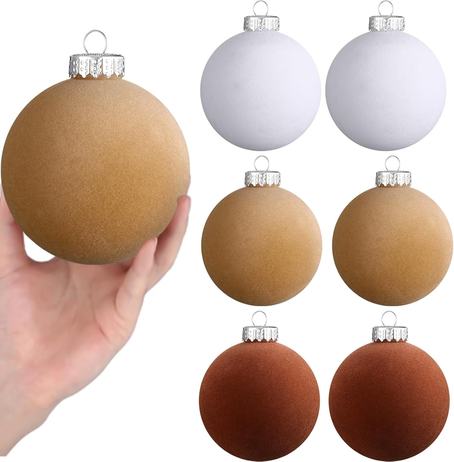 6 Pcs Large Velvet Christmas Ball Ornaments 3.9'' Vintage Neutral Christmas Ornaments Hanging Flocked Christmas Ornaments Christmas Tree Decorations for Holiday Party Xmas (Brown)