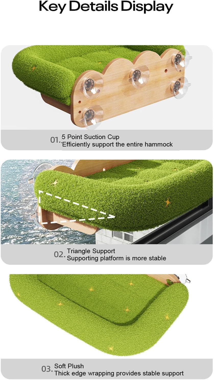 Yechiry Cordless Cat Window Perch, Cat Window Hammock,Sturdy Solid Wood Frame with Plush Climbing Pad Strong Suction Cup Design Elegant Aesthetic for Indoor Pet Home Decor image number 5