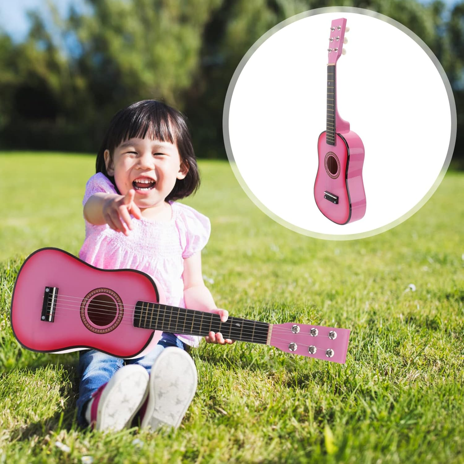 Ipetboom 23 Inch Folk Acoustic Guitar, Beginner Music Instrument 6-String Guitar for Kids (Pink) image number 6