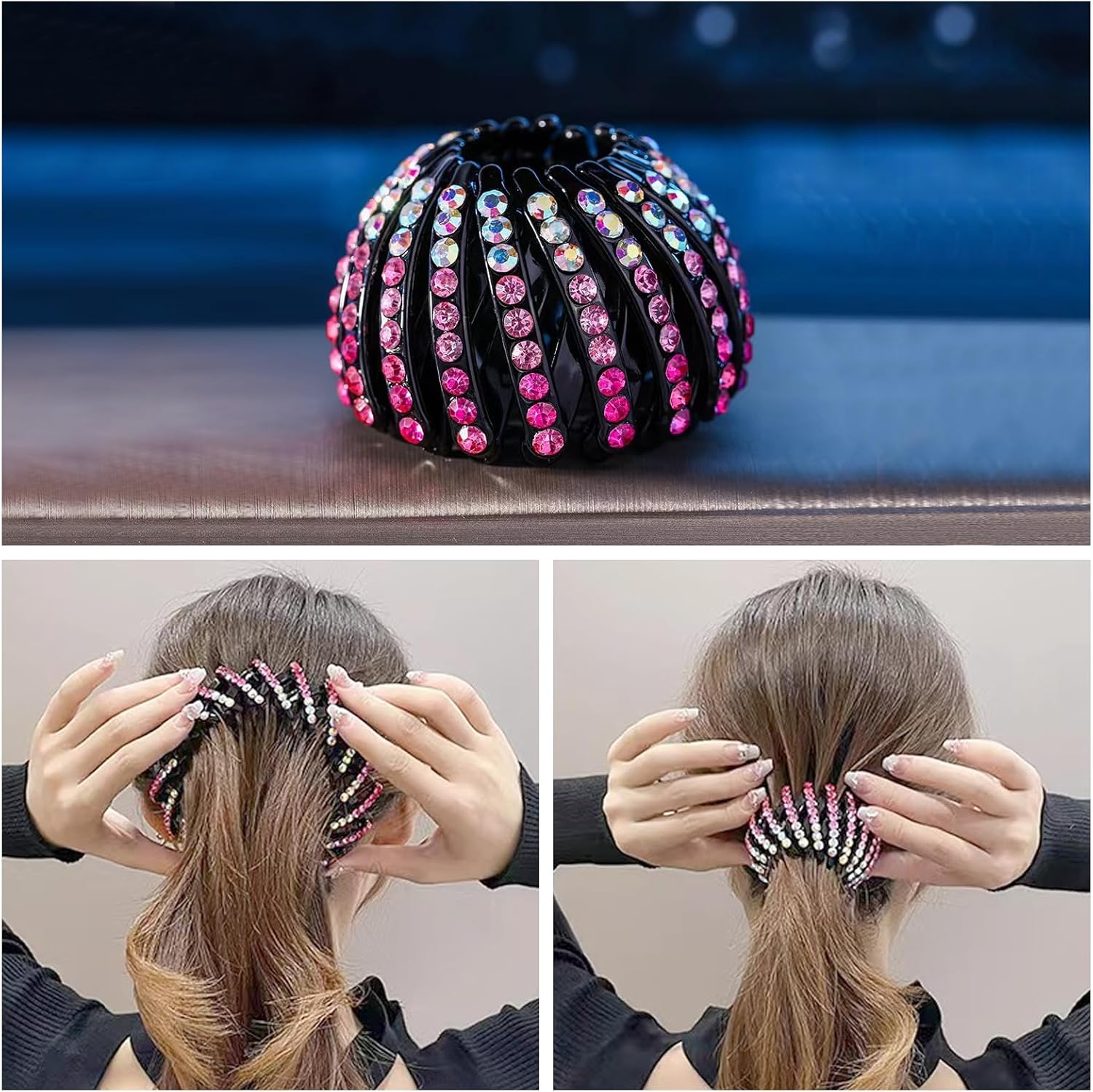 4 Pieces Vintage Bird Nest Hair Clips Rhinestone Expandable Bird Nest Hair Clips Geometric Extendable Hair Loops Ponytail Holder Clip for Girls and Women