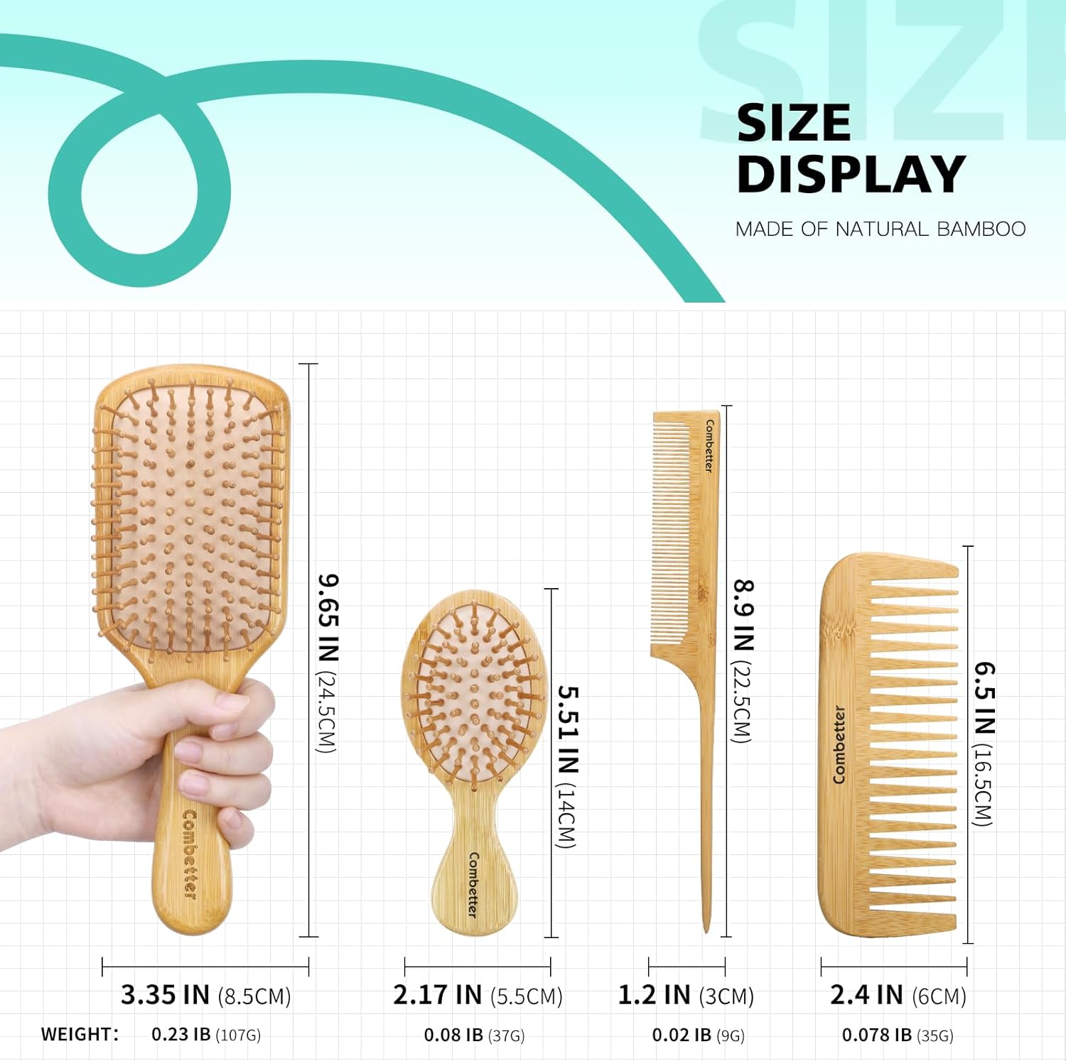 100% Bamboo Hair Brushes and Comb Set by Combetter, Comb for Women and Detangling, Great on All Hair, Eco-Friendly and Handmade for Women Men and Kids image number 2