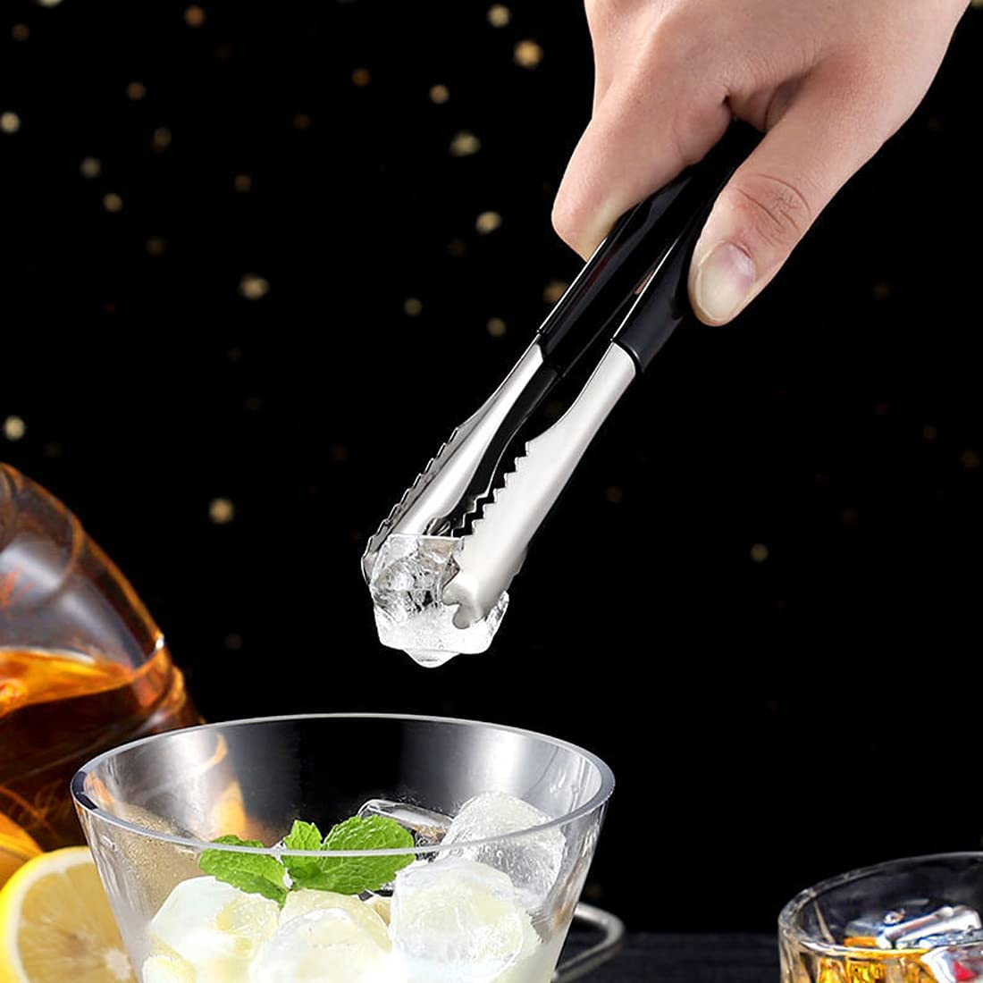 Ice Tongs Kitchen Tongs with Silicone Tips 7.87Inch Stainless Steel BBQ Cooking Grilling Locking Food Tongs Black