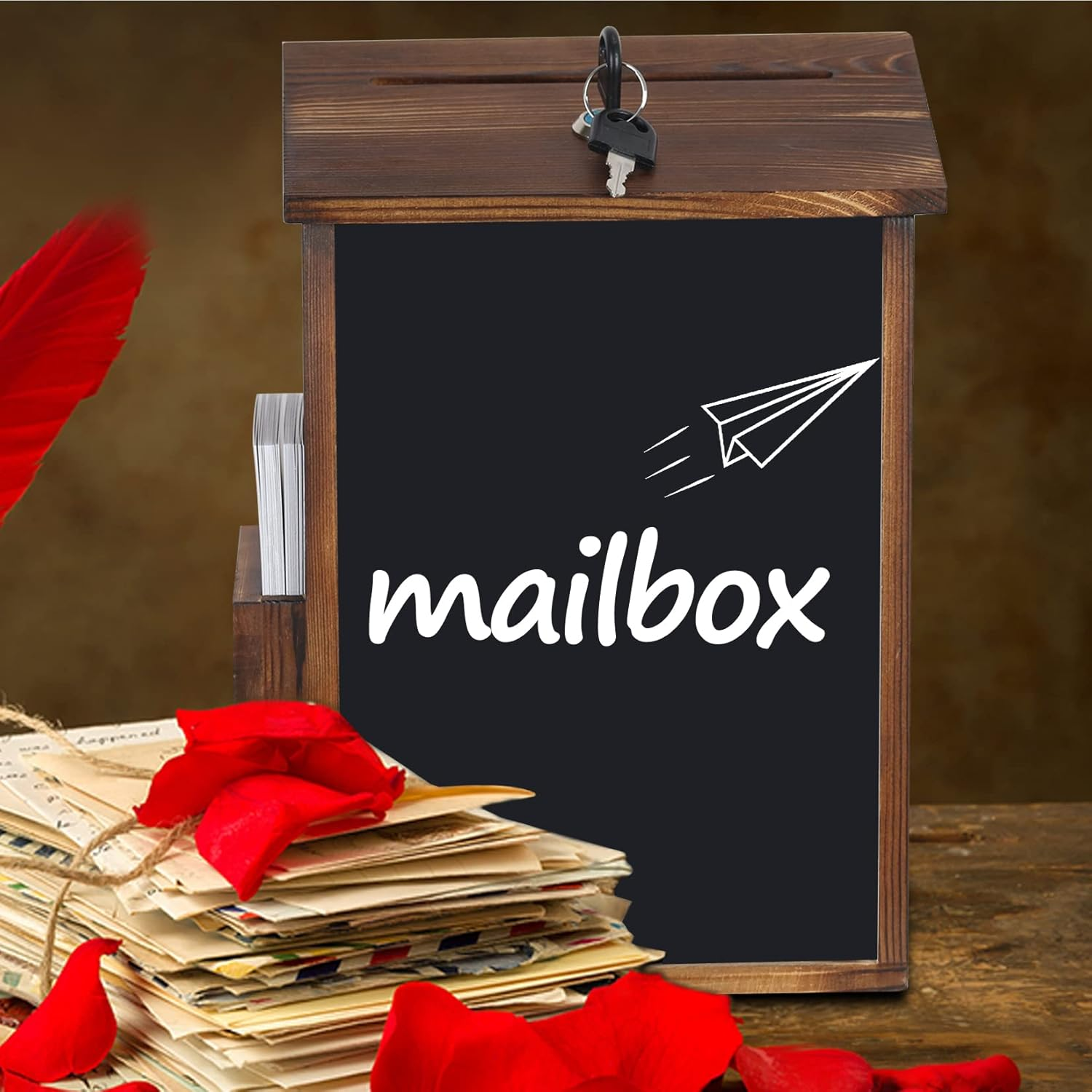 Lockable Suggestion Box: Wooden Charity Donation Boxes Wall Mounted Comment Ballot Box with Secure Lock Card Holder and Writing Blackboard image number 4