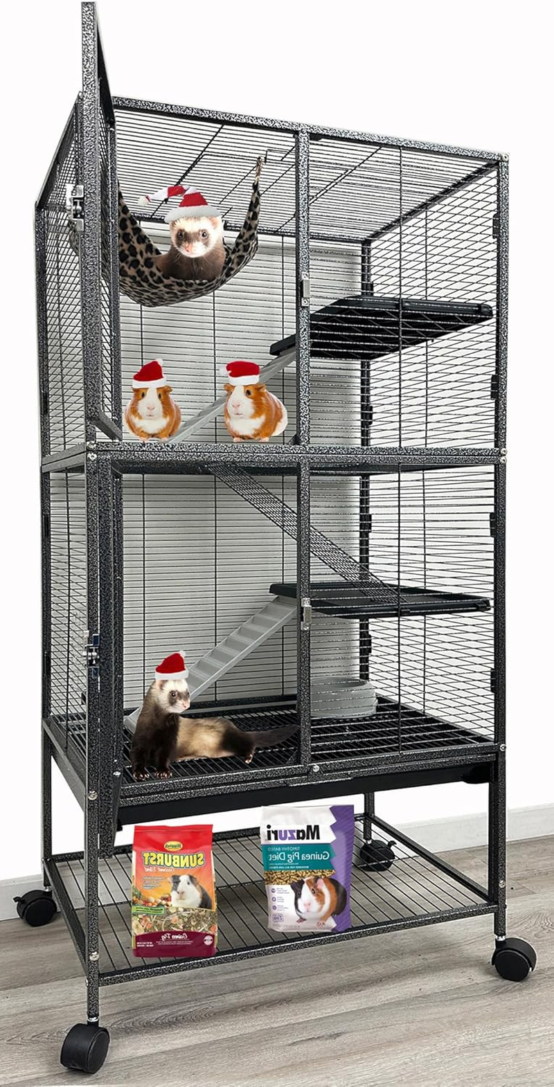 X-Large 31"X18.5"X53.5"H Deluxe Double Unit 4-Tiers Tight 1/2-Inch Bar Spacing Large Front Doors Water Bottle Food Bowl Feisty Ferret Hammock Squirrel Chinchilla Rat Small Animal Critter Rolling Cage