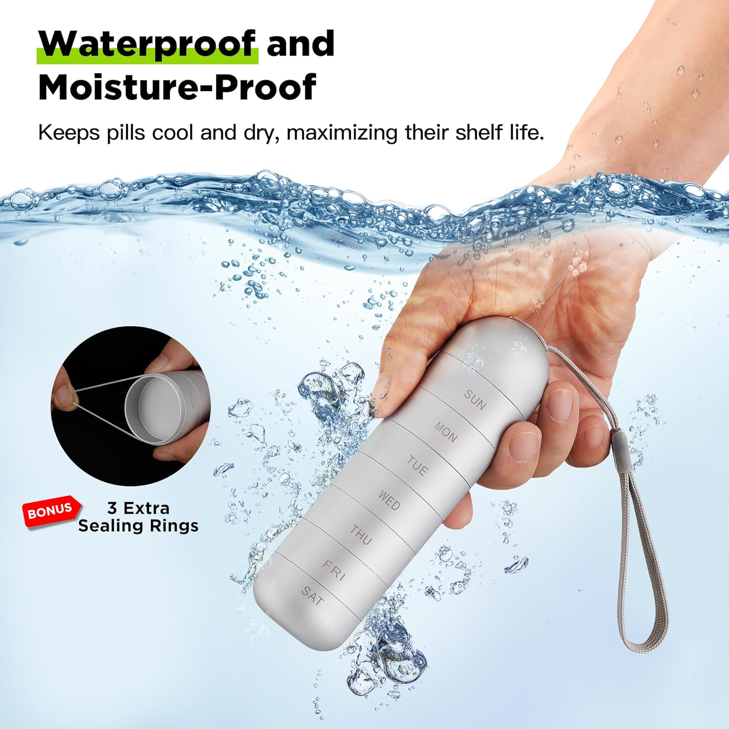 Zannaki Metal Moisture Proof Weekly Pill Organizer, Stackable Aluminum Alloy BPA Free Travel Hiking 7 Day Pill Box Case Waterproof and Large Compartment to Hold Pills, Vitamins, Fish Oil, Supplements image number 2