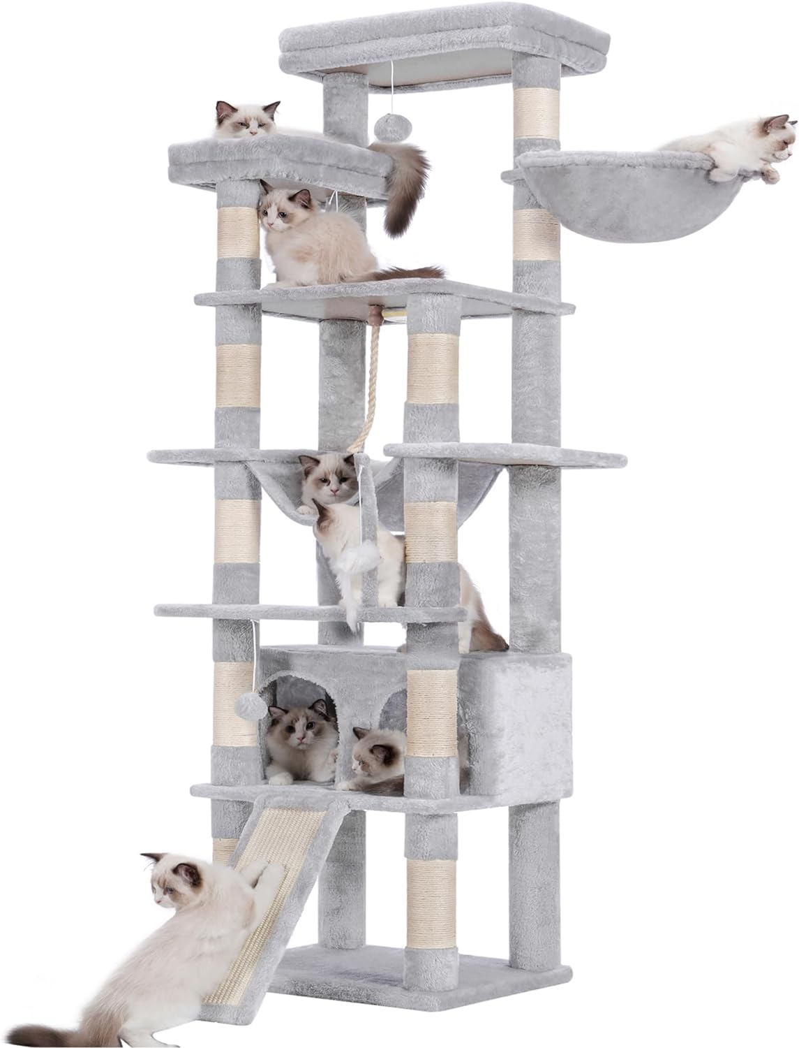 Heybly Tall Cat Tree,78 Inch Multi-Level Cat Tower for Indoor Cats,2 Widened Plush Perches Cat Condo with Scracthing Board and Big Caves,Beige HCT033M