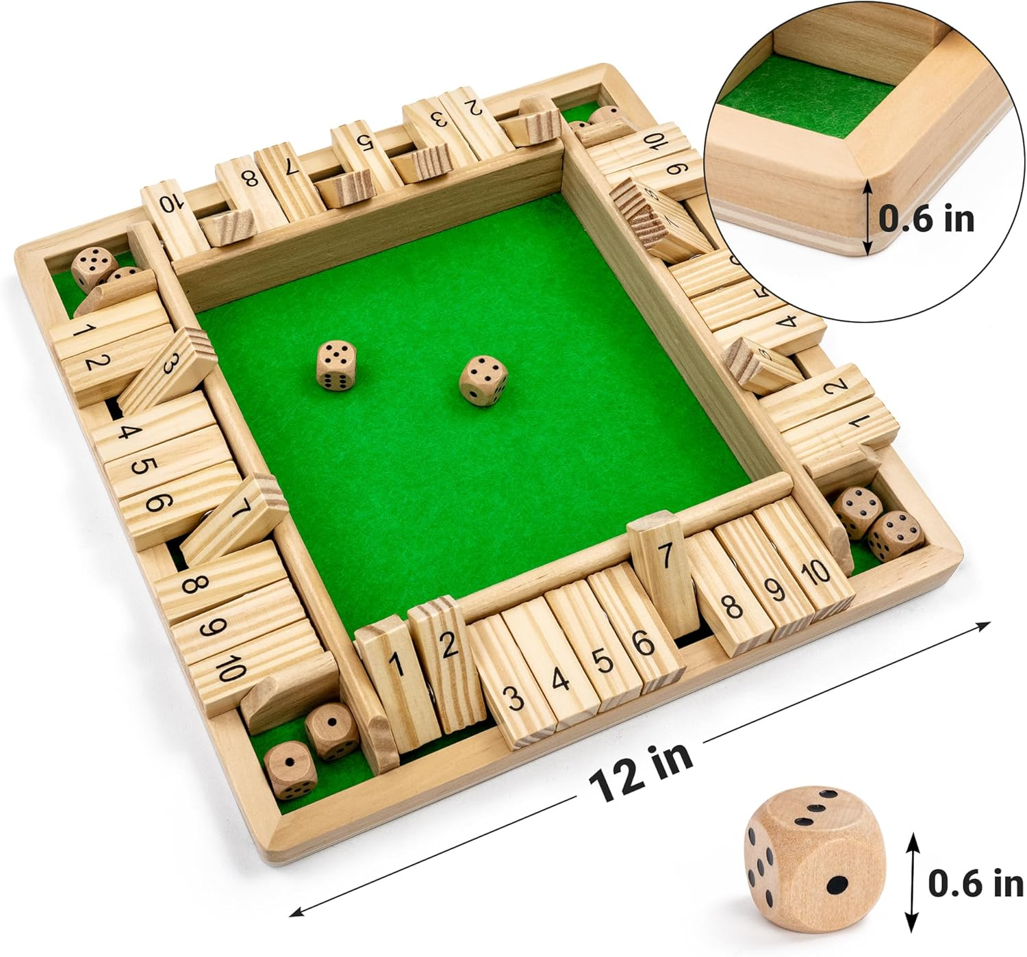 ROPODA 4-Way Shut the Box Dice Game (2-4 Players) for Kids + Adults [4 Sided Large Wooden Board Game, 8 Dice + Shut-The-Box Rules] Smart Game for Learning Numbers, Strategy + Risk Management image number 2