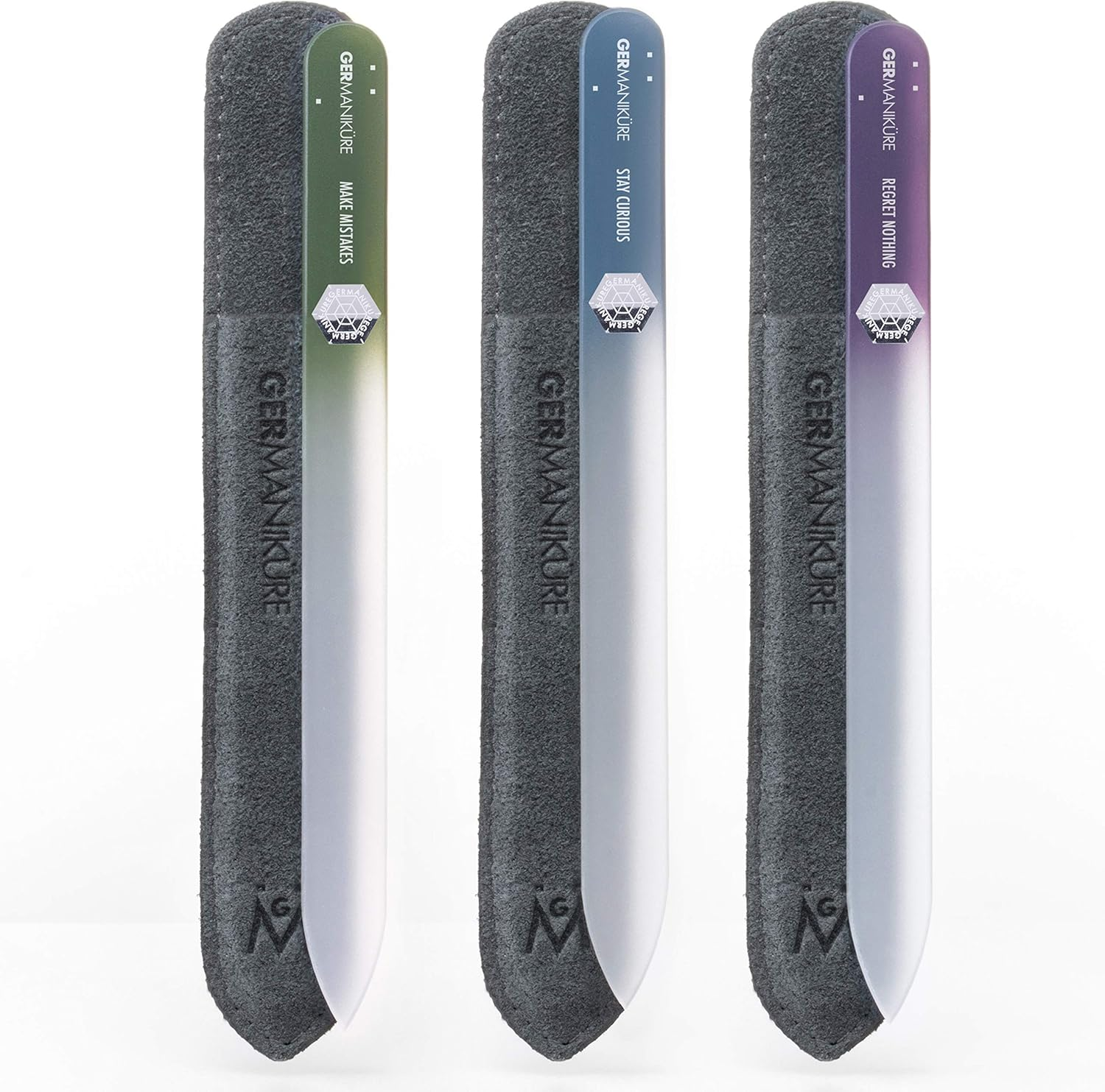 GERMANIKURE Czech Crystal Glass Nail File 3 Pack in Suede Leather Case - Professional Manicure & Pedicure Products for Smooth Easy Shaping of Natural Nails
