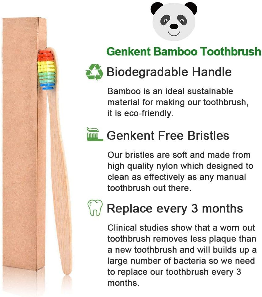 GENKENT Natural Bamboo Toothbrush Made with Rainbow Nylon Infused Bristles (10 Counts) image number 3