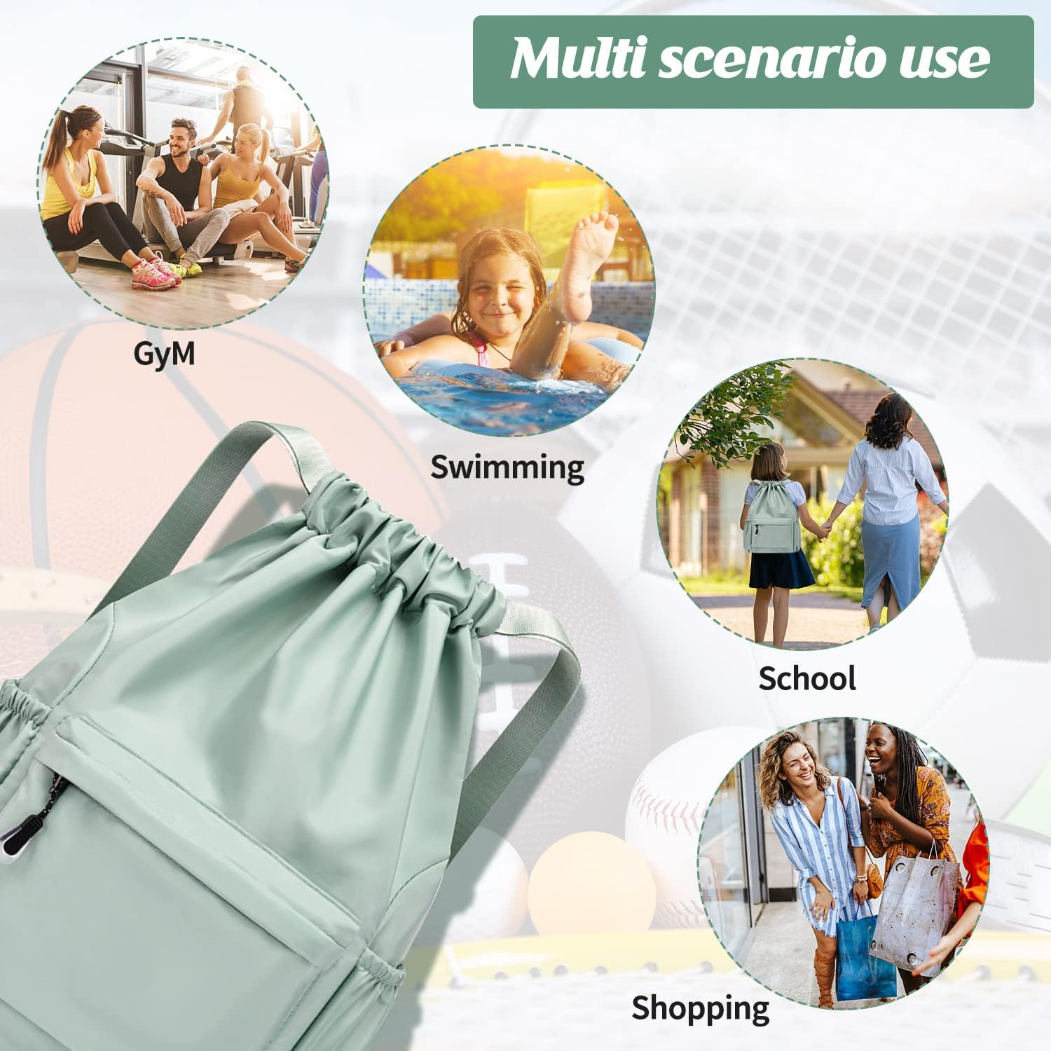 INONIX Large Capacity Folding Travel Drawstring Backpack Sports Gym Bag for Women Men Children Large Size with Zipper Bottle Pockets image number 3