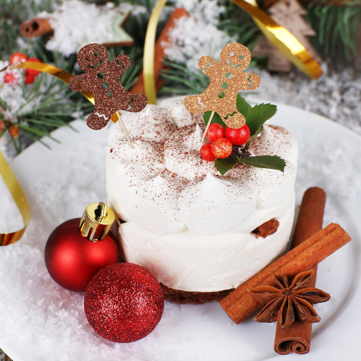 Whaline 48Pcs Christmas Cupcake Topper Glitter Brown Gingerbread Man Cupcake Picks Holiday Food Picks for Xmas Winter Cake Decoration